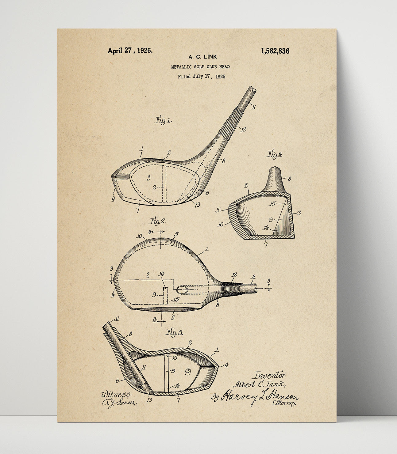 Patent Print - Metallic Golf Club Head - A C Link - 1926 - Patent 1582836 Patent Wall Art