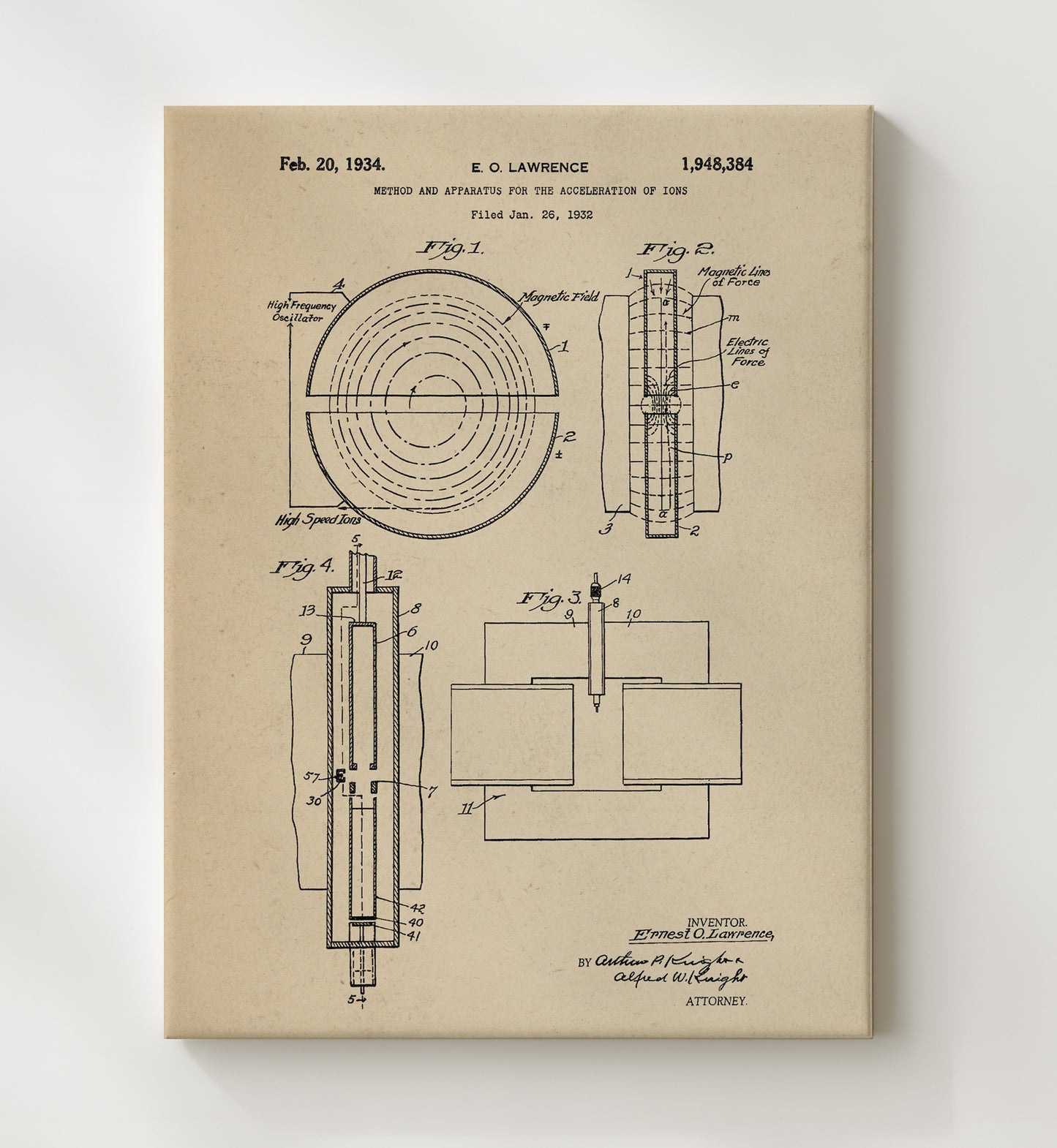 Patent Print - Method And Apparatus For The Acceleration Of Ions - Ernest O Lawrence - 1934 - Patent 1948384 Patent Wall Art