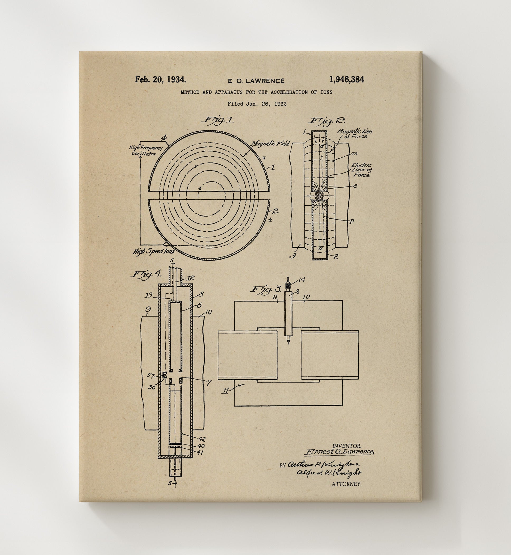 Patent Print - Method And Apparatus For The Acceleration Of Ions - Ernest O Lawrence - 1934 - Patent 1948384 Patent Wall Art