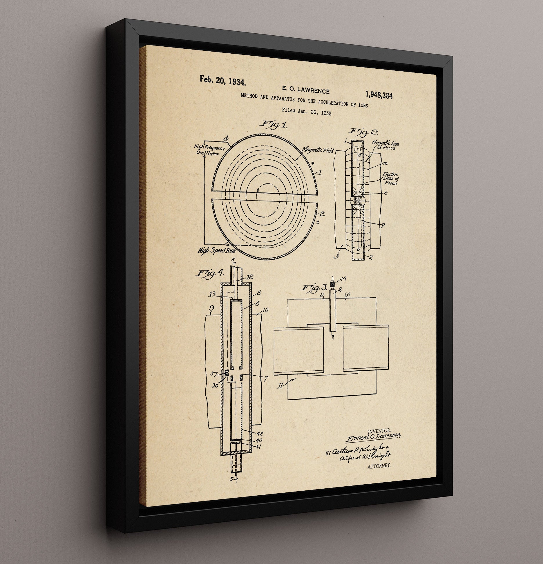 Patent Print - Method And Apparatus For The Acceleration Of Ions - Ernest O Lawrence - 1934 - Patent 1948384 Patent Wall Art