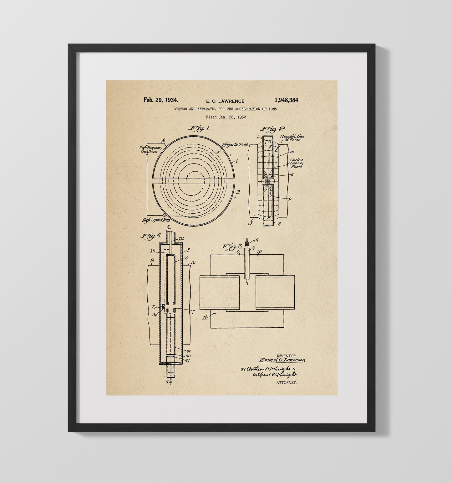 Patent Print - Method And Apparatus For The Acceleration Of Ions - Ernest O Lawrence - 1934 - Patent 1948384 Patent Wall Art