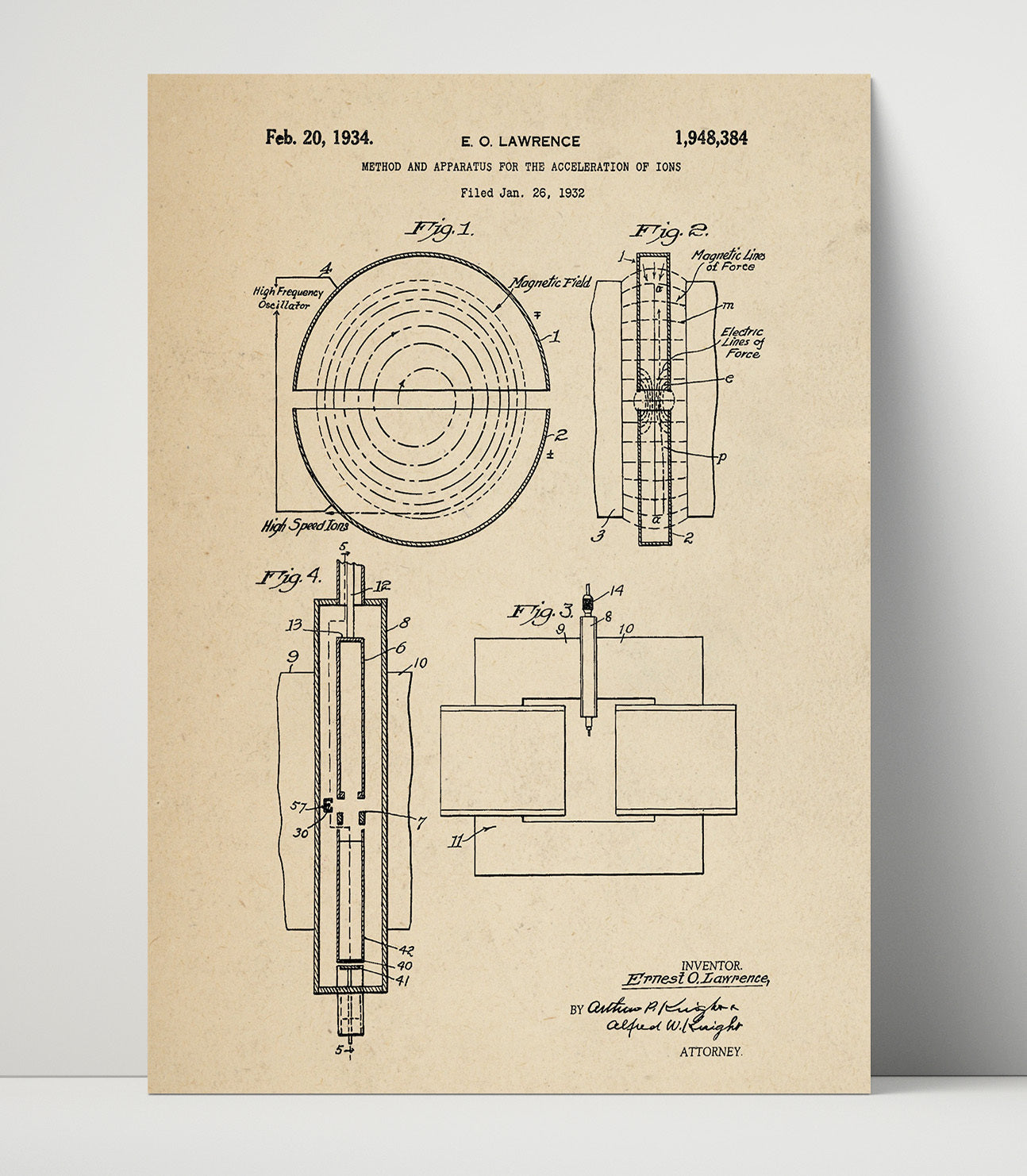 Patent Print - Method And Apparatus For The Acceleration Of Ions - Ernest O Lawrence - 1934 - Patent 1948384 Patent Wall Art