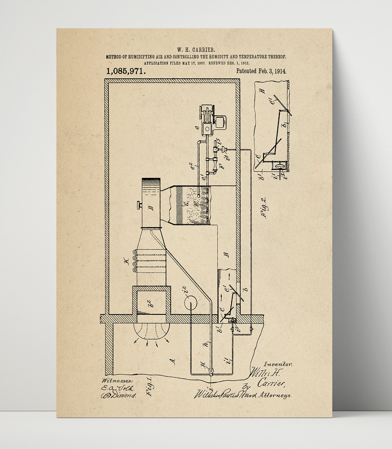 Patent Print - Method Of Humidifying Air And Controlling The Humidity And Temperature Thereof - Willis H Carrier - 1914 - Patent 1085971 Patent Wall Art