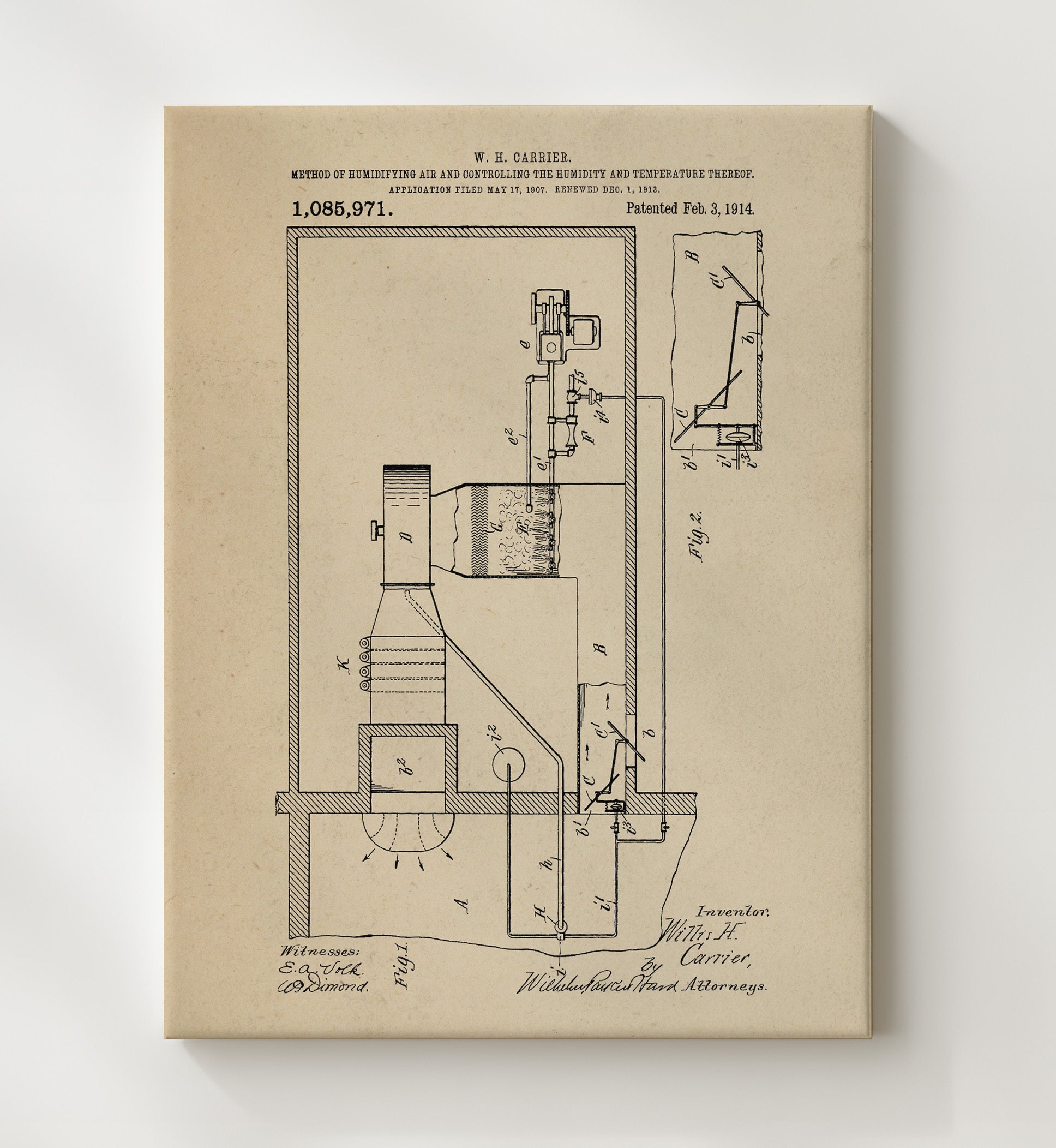 Patent Print - Method Of Humidifying Air And Controlling The Humidity And Temperature Thereof - Willis H Carrier - 1914 - Patent 1085971 Patent Wall Art