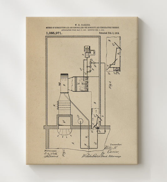 Method Of Humidifying Air And Controlling The Humidity And Temperature Thereof - 1914 Patent - 20x24 Canvas