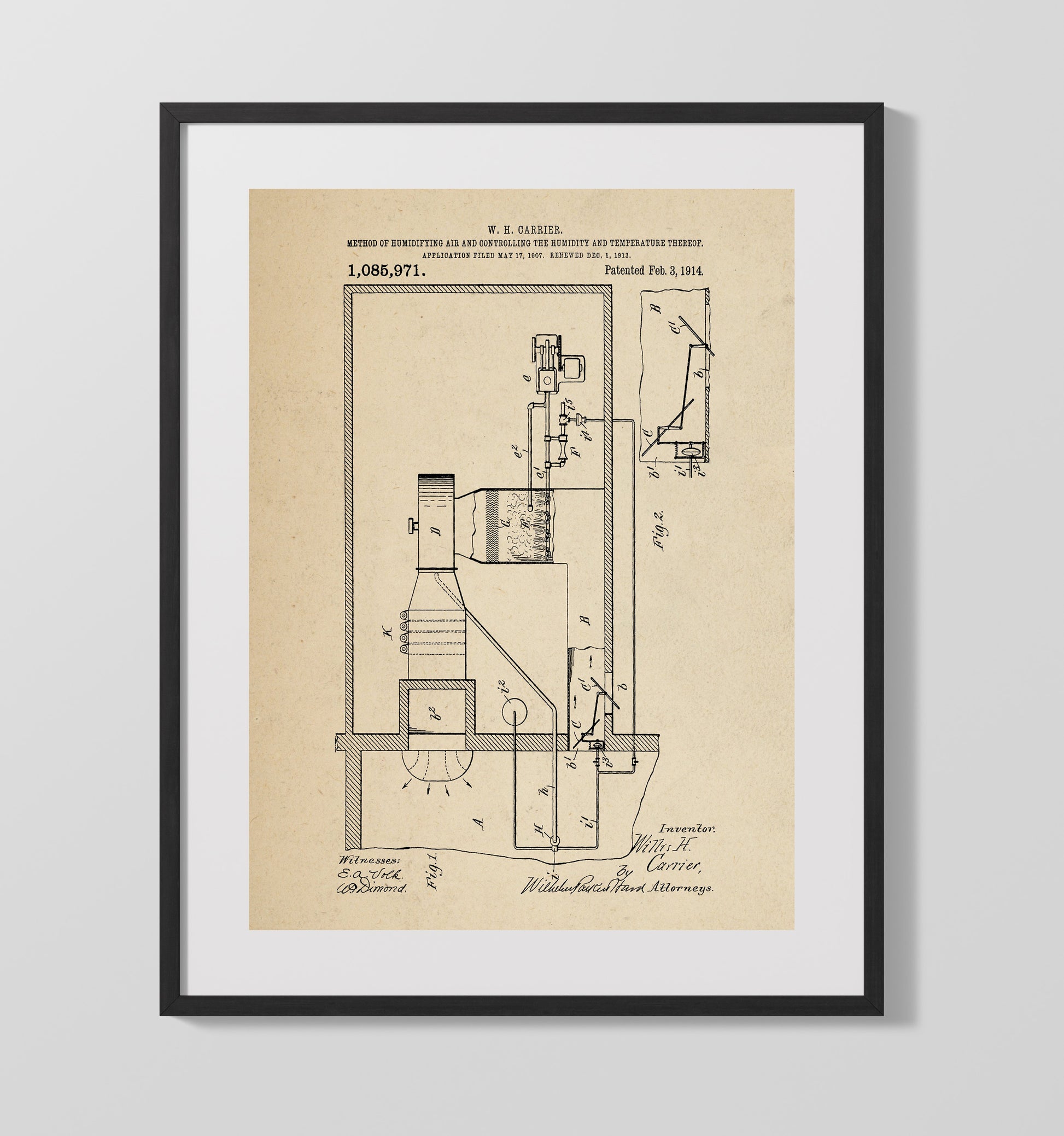 Patent Print - Method Of Humidifying Air And Controlling The Humidity And Temperature Thereof - Willis H Carrier - 1914 - Patent 1085971 Patent Wall Art