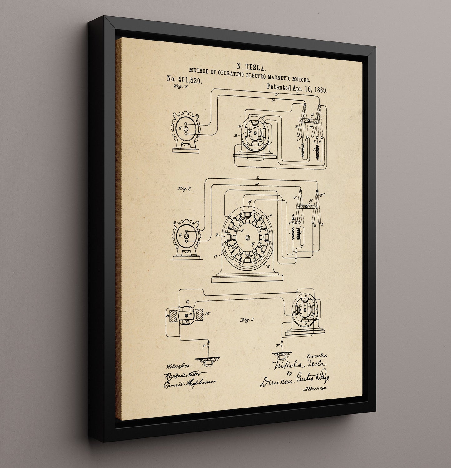 Patent Print - Method Of Operating Electro Magnetic Motors - Nikola Tesla - 1889 - Patent 401520 Patent Wall Art