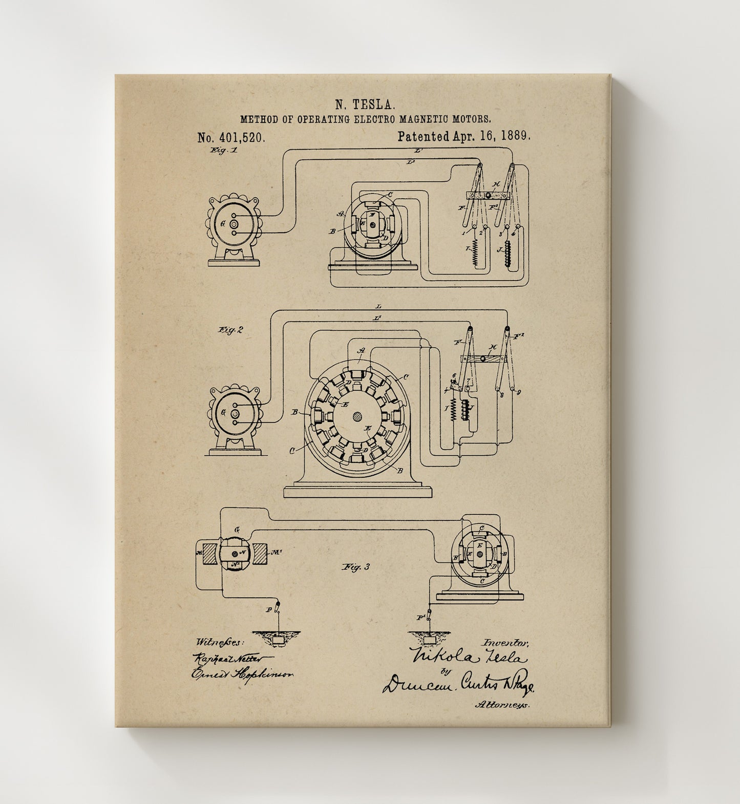 Patent Print - Method Of Operating Electro Magnetic Motors - Nikola Tesla - 1889 - Patent 401520 Patent Wall Art