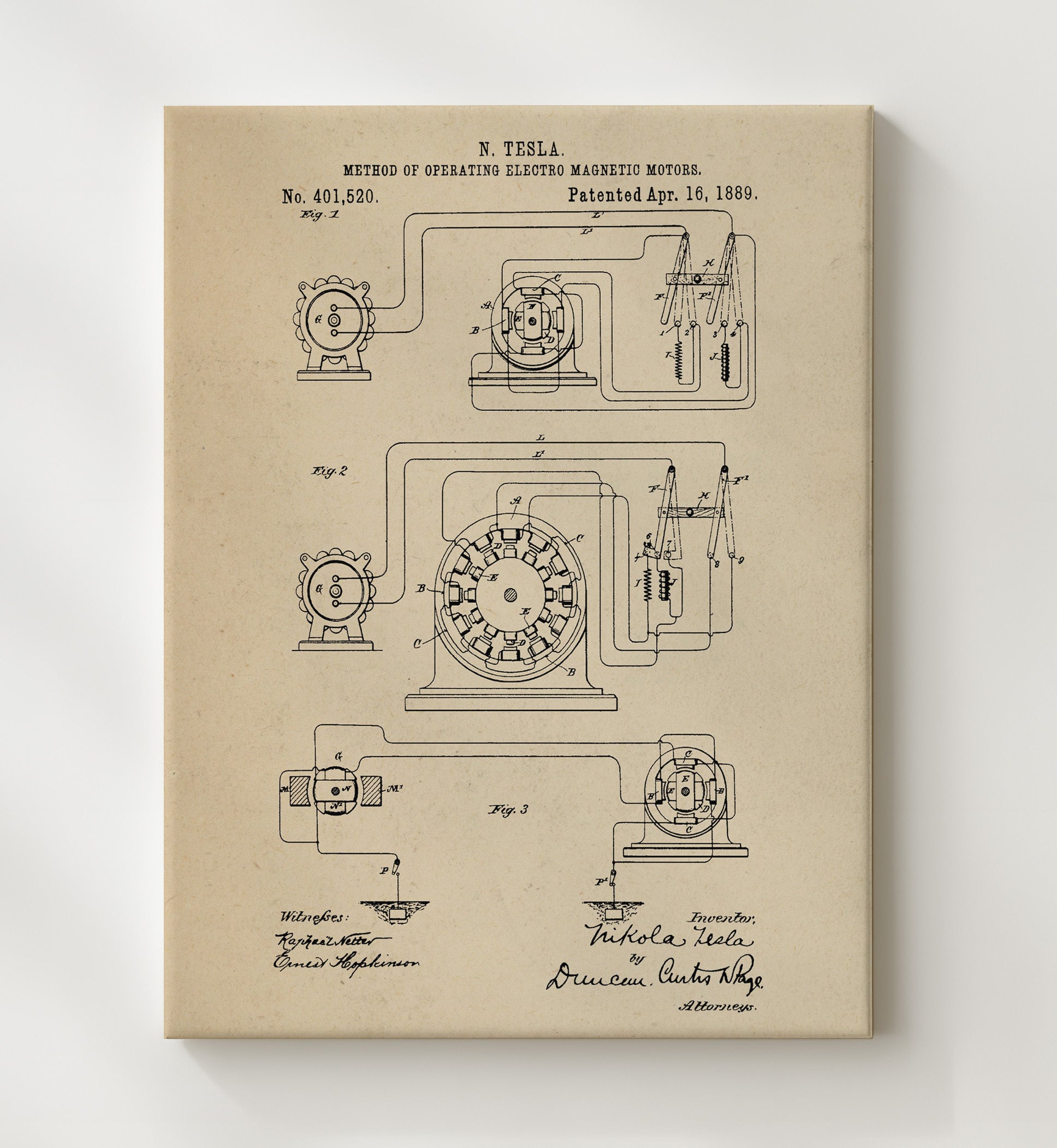 Patent Print - Method Of Operating Electro Magnetic Motors - Nikola Tesla - 1889 - Patent 401520 Patent Wall Art