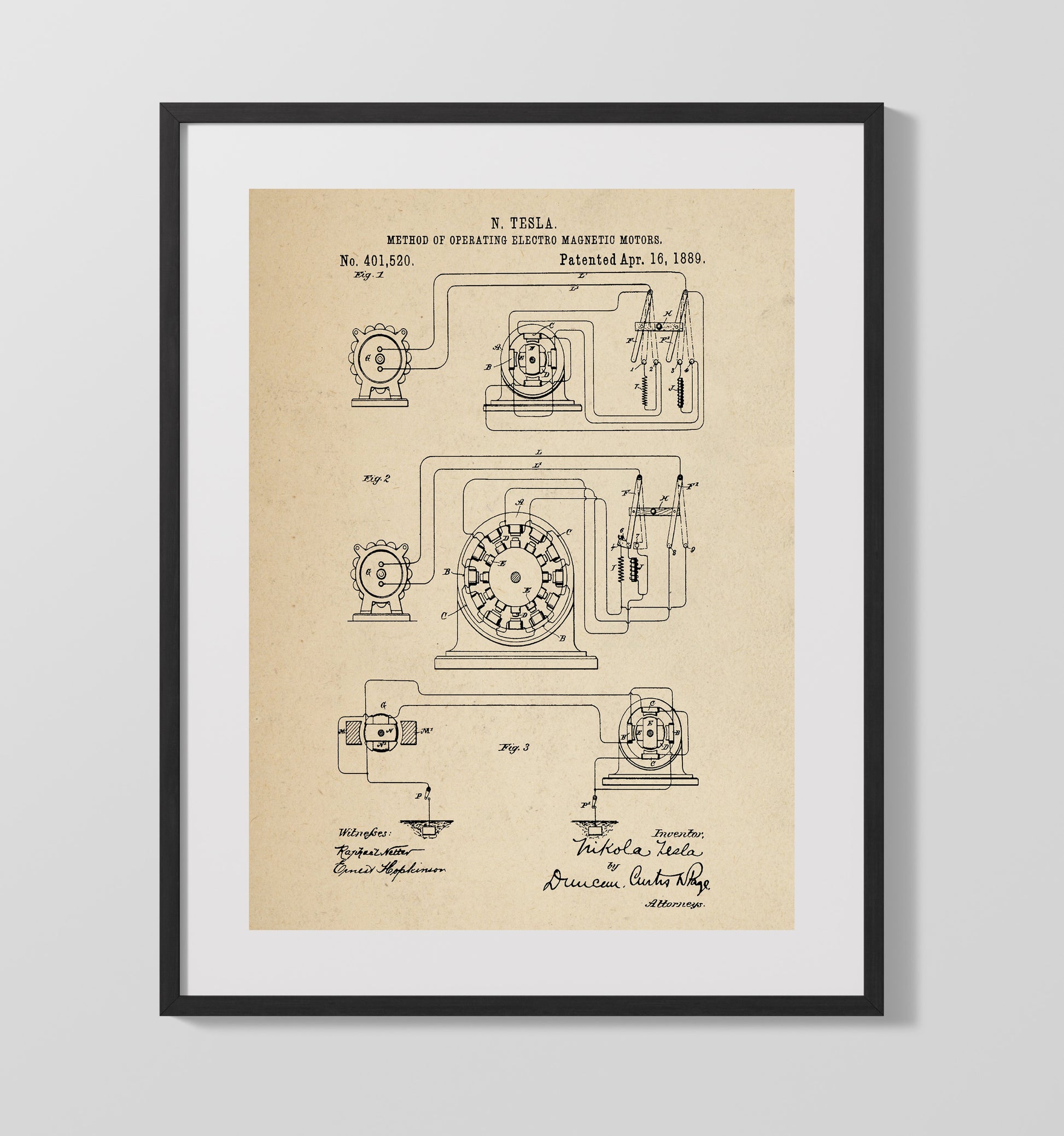 Patent Print - Method Of Operating Electro Magnetic Motors - Nikola Tesla - 1889 - Patent 401520 Patent Wall Art