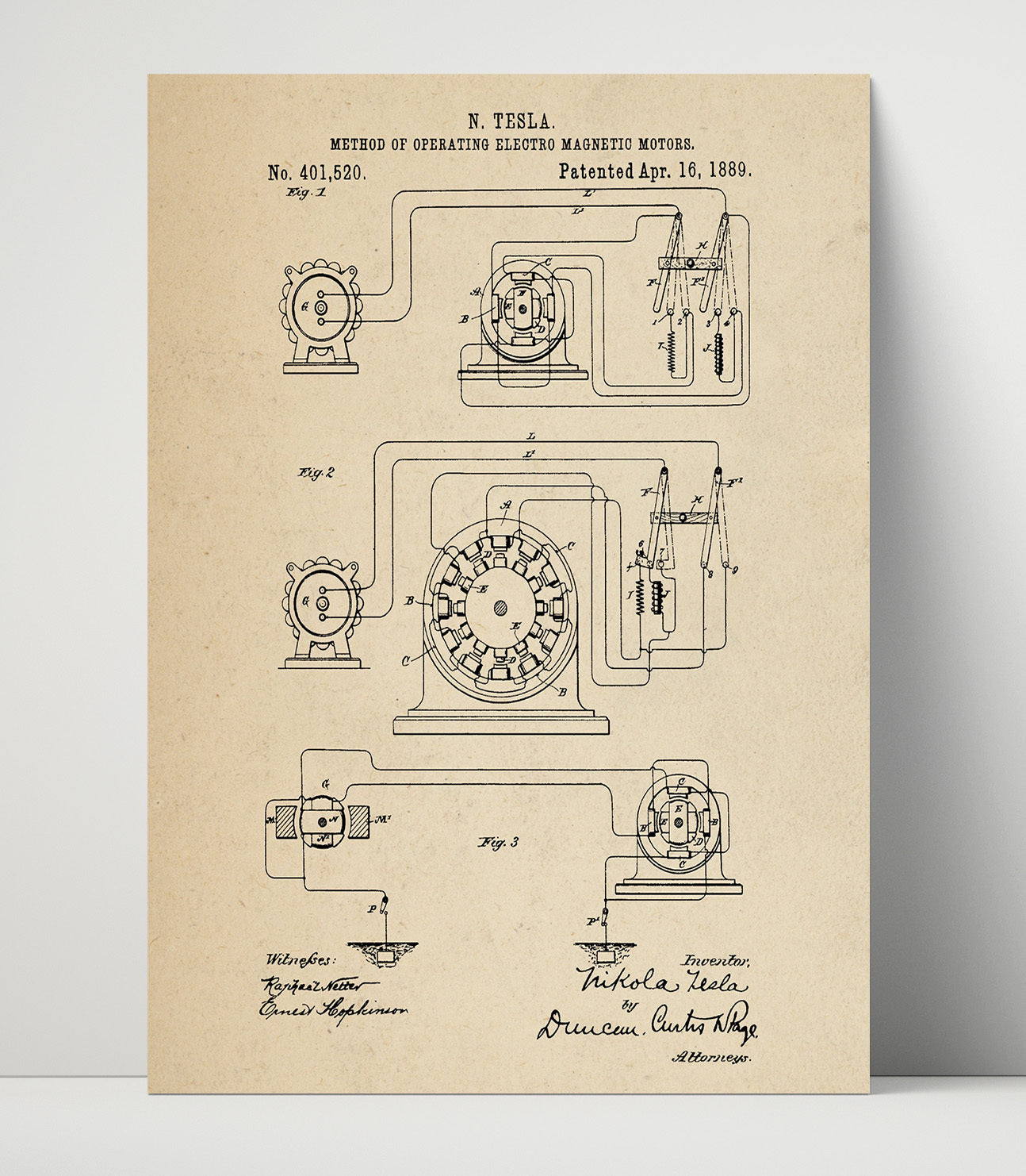 Patent Print - Method Of Operating Electro Magnetic Motors - Nikola Tesla - 1889 - Patent 401520 Patent Wall Art