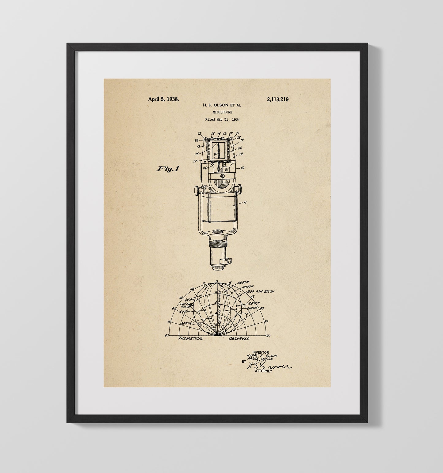 Patent Print - Microphone - Harry F. Olson And Frank Massa - 1938 - Patent 2113219 Patent Wall Art
