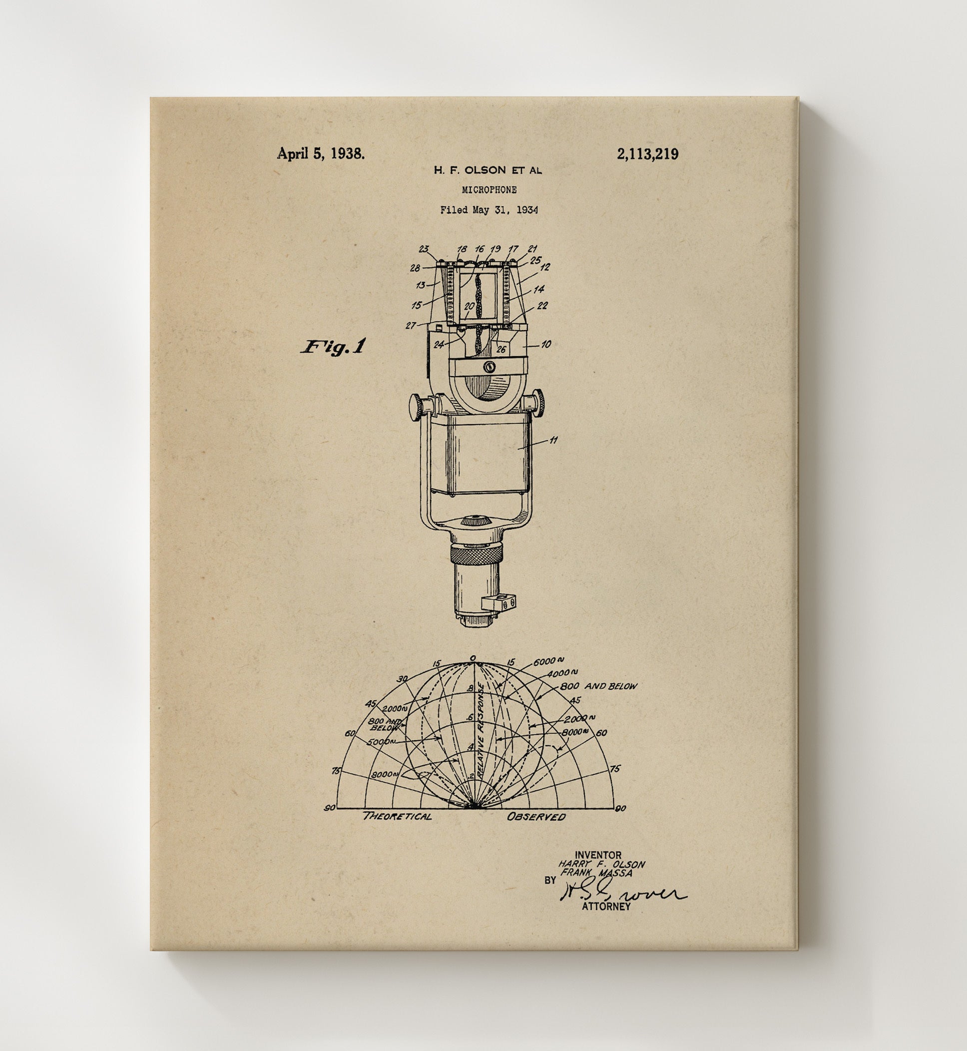 Patent Print - Microphone - Harry F. Olson And Frank Massa - 1938 - Patent 2113219 Patent Wall Art