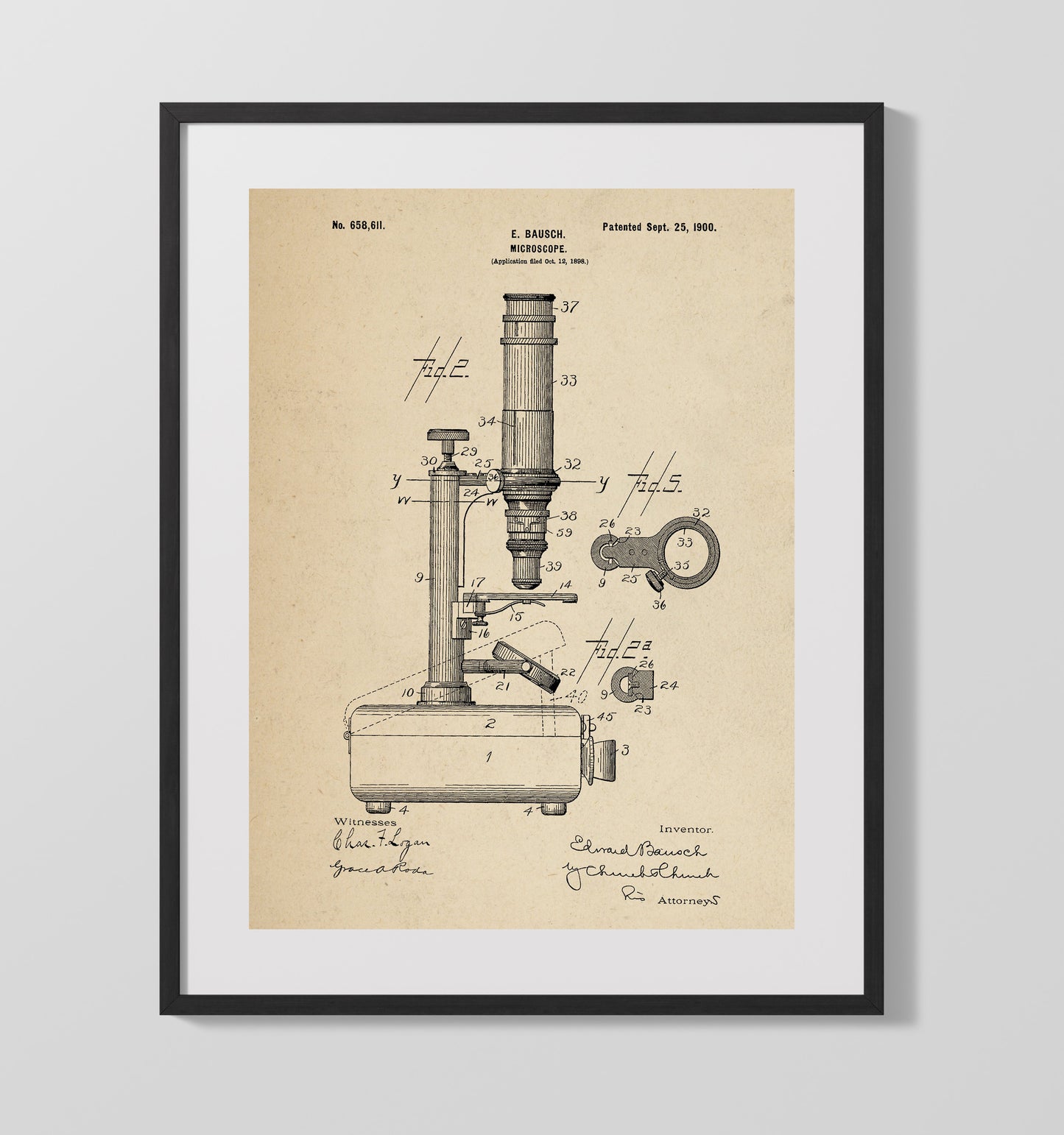 Patent Print - Microscope - E. Bausch - 1900 - Patent 658611 Patent Wall Art