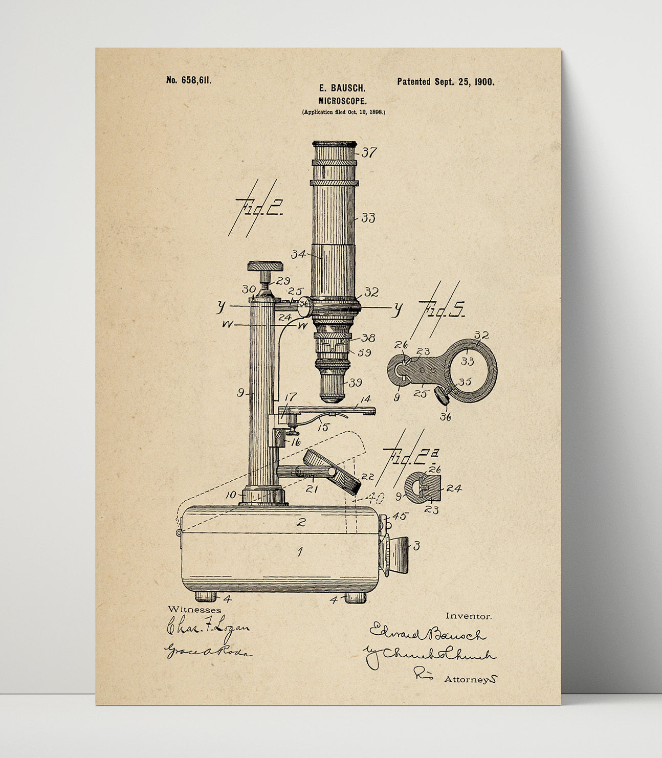 Patent Print - Microscope - E. Bausch - 1900 - Patent 658611 Patent Wall Art
