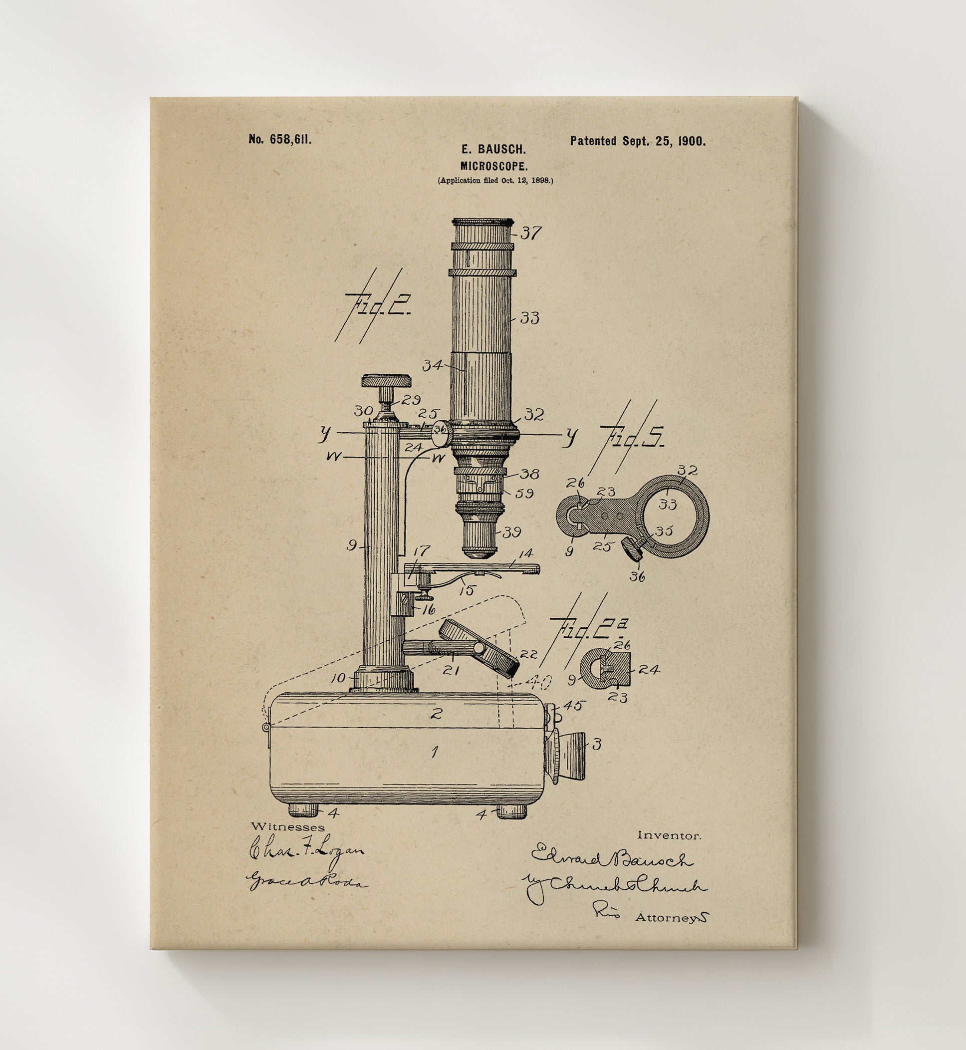 Patent Print - Microscope - E. Bausch - 1900 - Patent 658611 Patent Wall Art