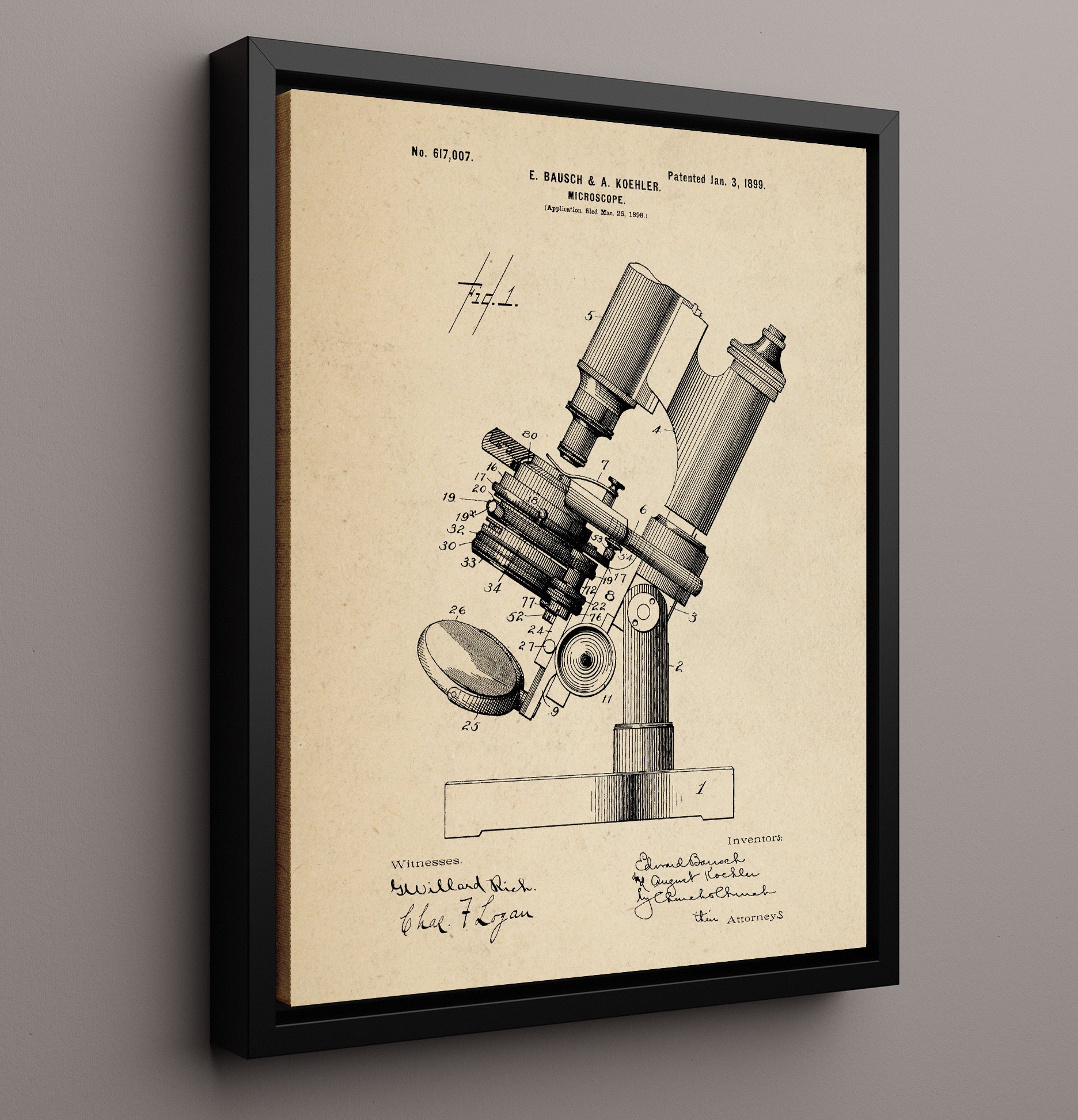 Patent Print - Microscope - Edward Bausch And August Koehler - 1899 - Patent 617007 Patent Wall Art