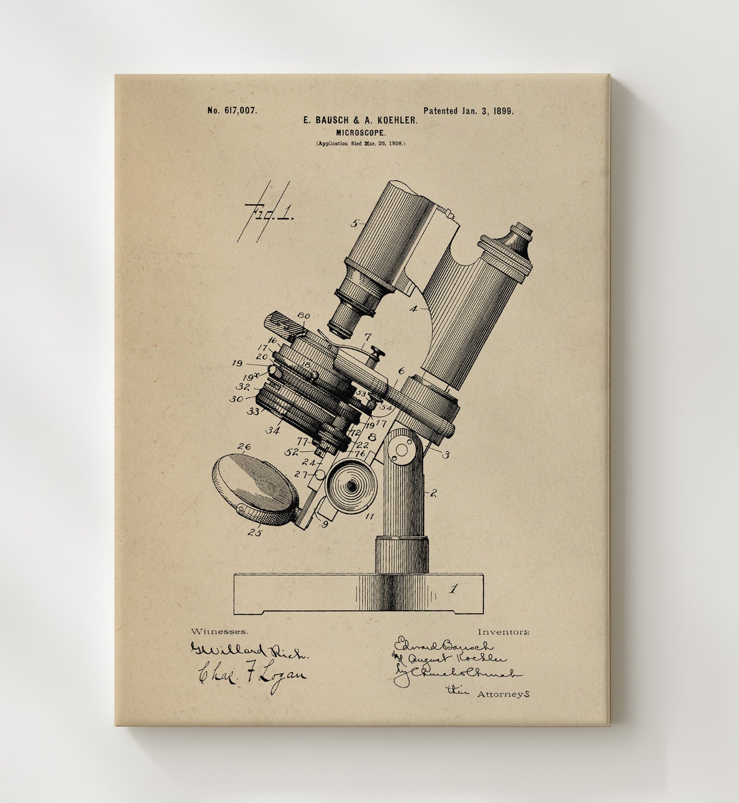 Patent Print - Microscope - Edward Bausch And August Koehler - 1899 - Patent 617007 Patent Wall Art