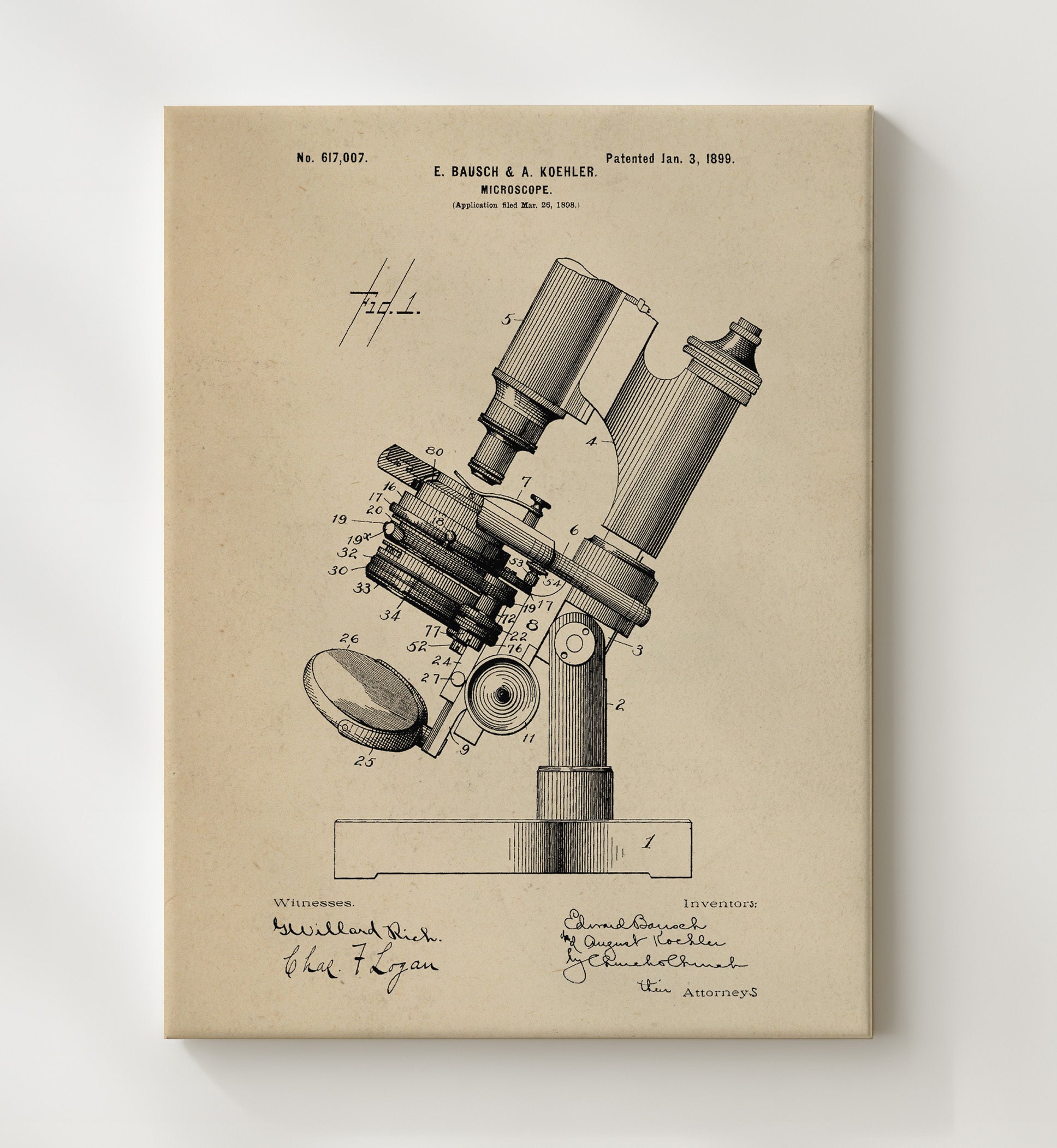 Patent Print - Microscope - Edward Bausch And August Koehler - 1899 - Patent 617007 Patent Wall Art