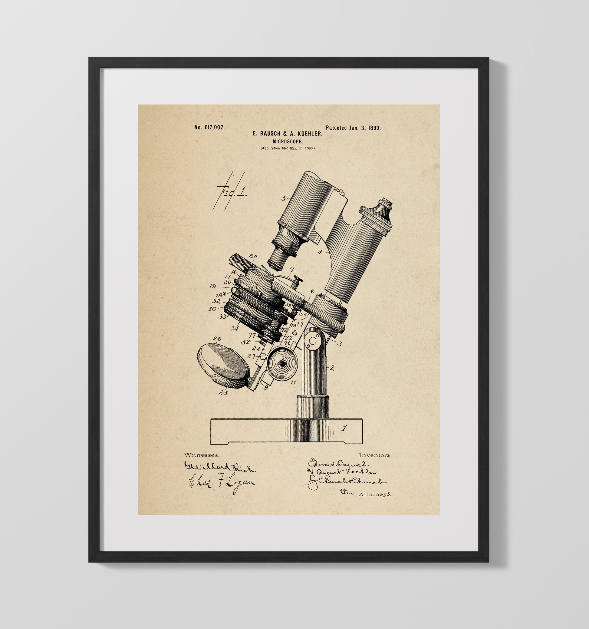 Patent Print - Microscope - Edward Bausch And August Koehler - 1899 - Patent 617007 Patent Wall Art
