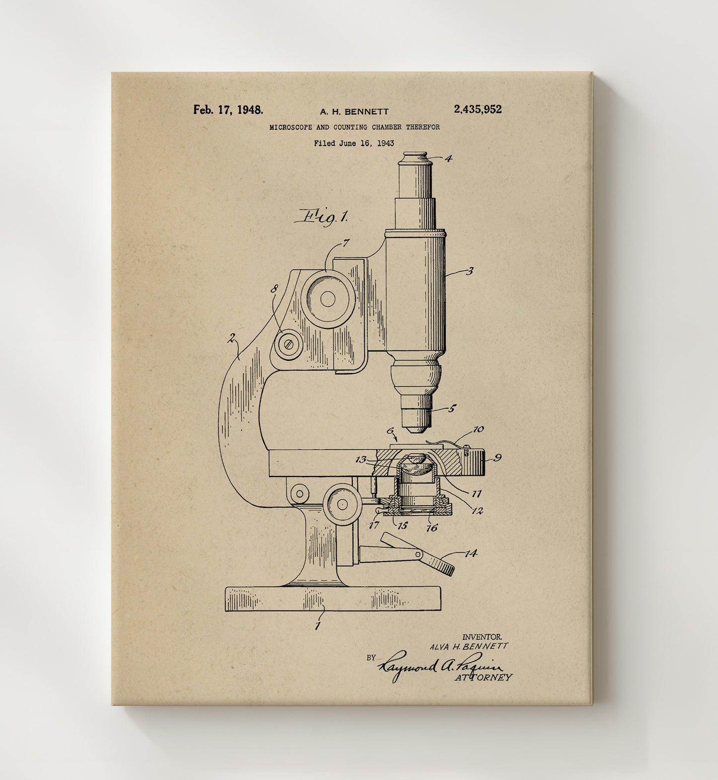Patent Print - Microscope And Counting Chamber - Alva H. Bennett - 1948 - Patent 2435952 Patent Wall Art