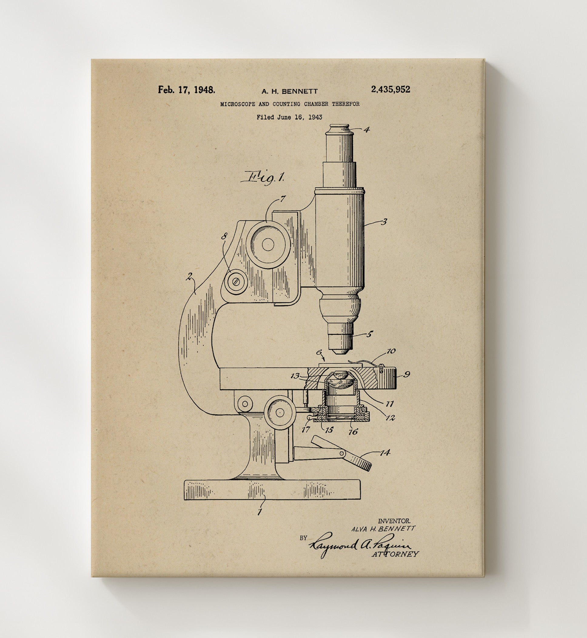 Patent Print - Microscope And Counting Chamber - Alva H. Bennett - 1948 - Patent 2435952 Patent Wall Art