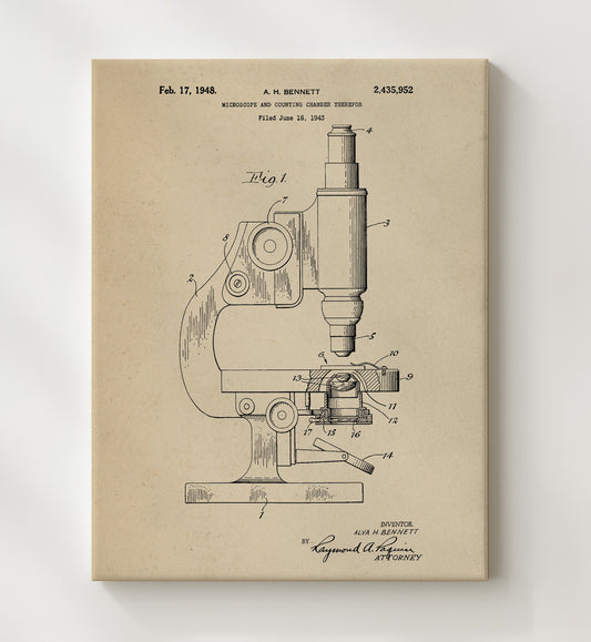 Microscope And Counting Chamber 1948 patent print wall art 8x10 Canvas
