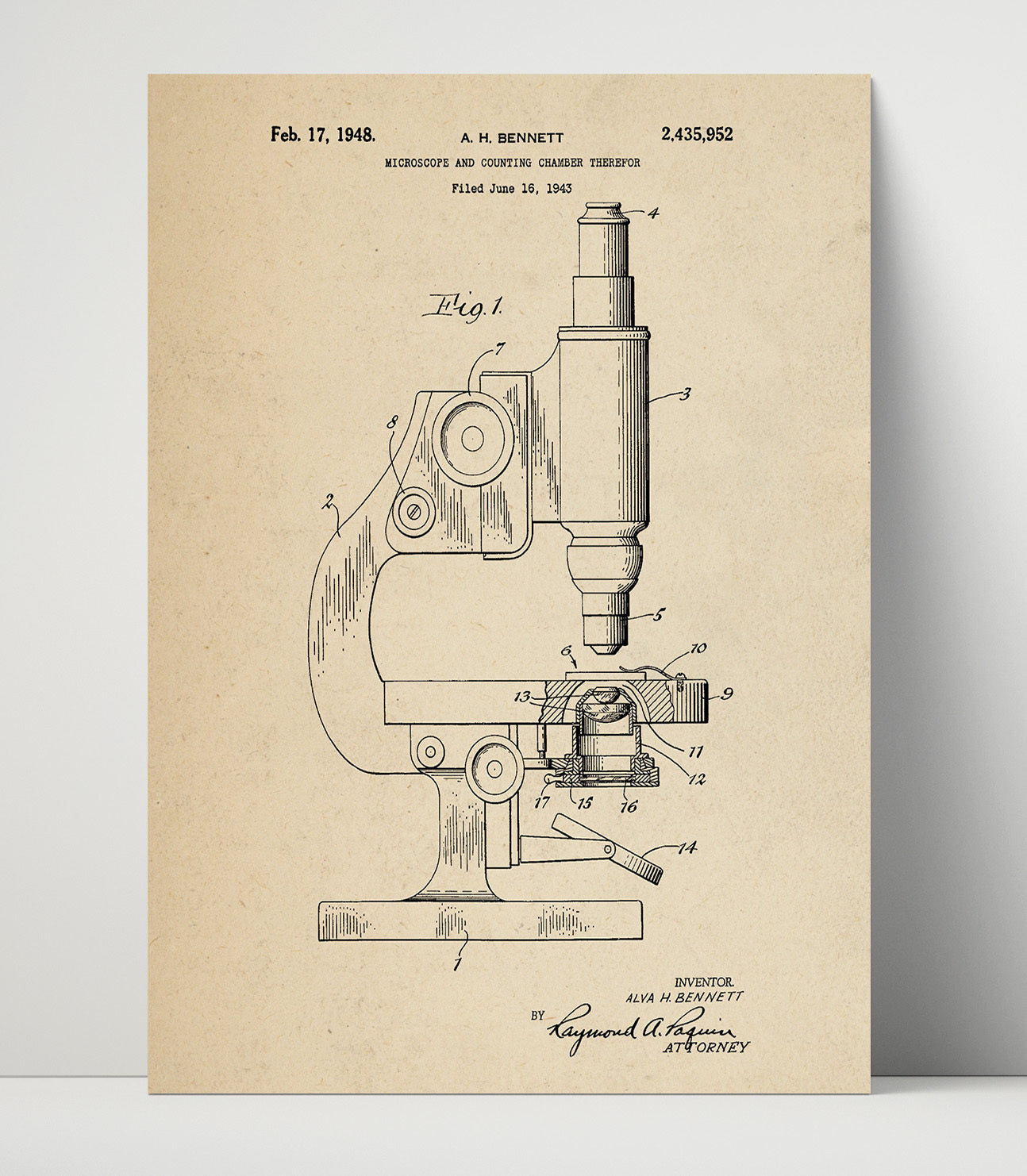 Patent Print - Microscope And Counting Chamber - Alva H. Bennett - 1948 - Patent 2435952 Patent Wall Art