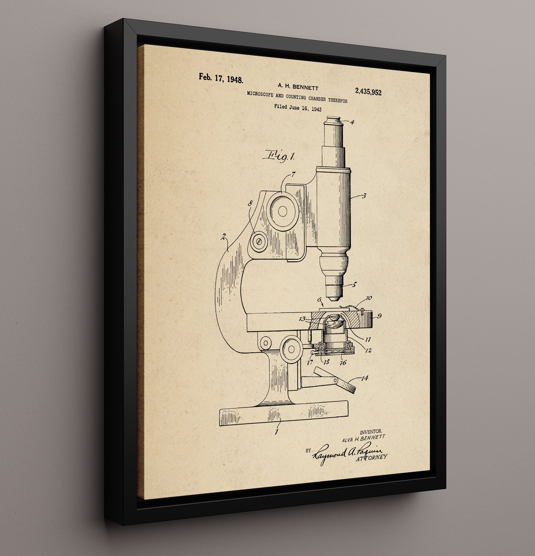 Patent Print - Microscope And Counting Chamber - Alva H. Bennett - 1948 - Patent 2435952 Patent Wall Art