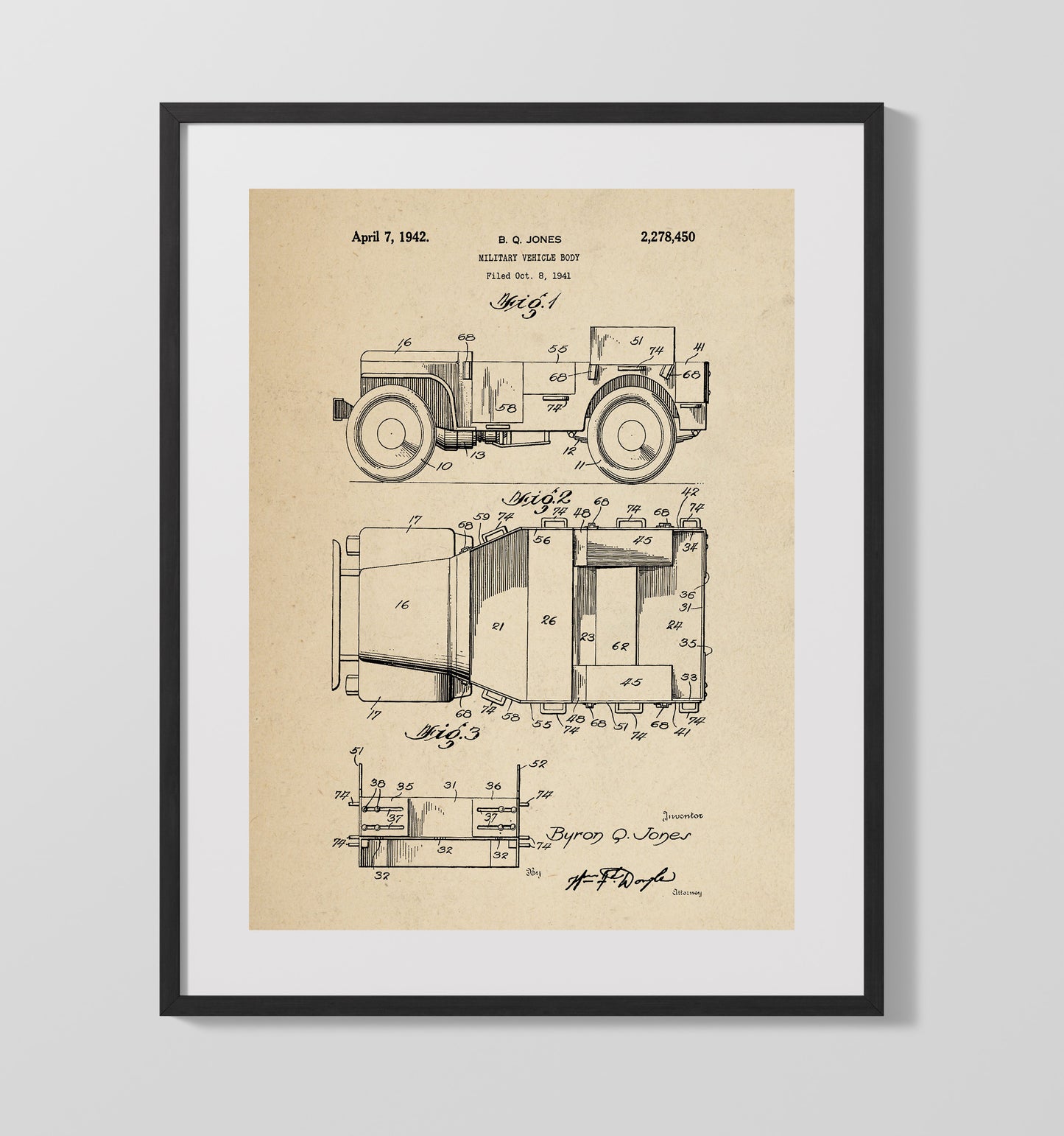 Patent Print - Military Vehicle Body - Byron Q Jones - 1942 - Patent 2278450 Patent Wall Art