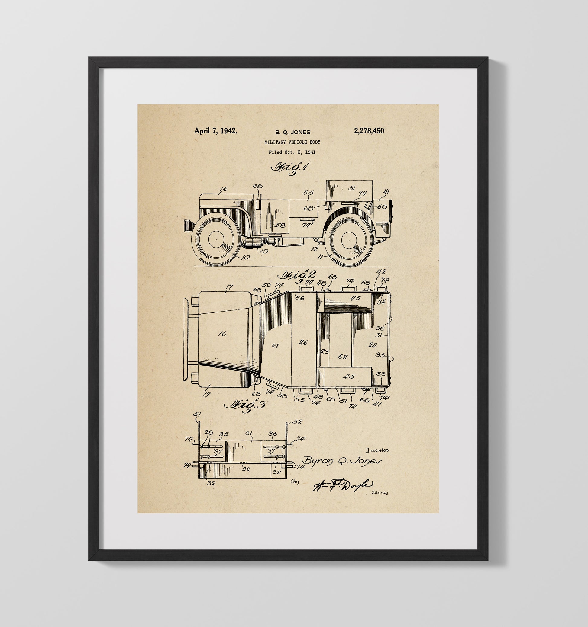 Patent Print - Military Vehicle Body - Byron Q Jones - 1942 - Patent 2278450 Patent Wall Art
