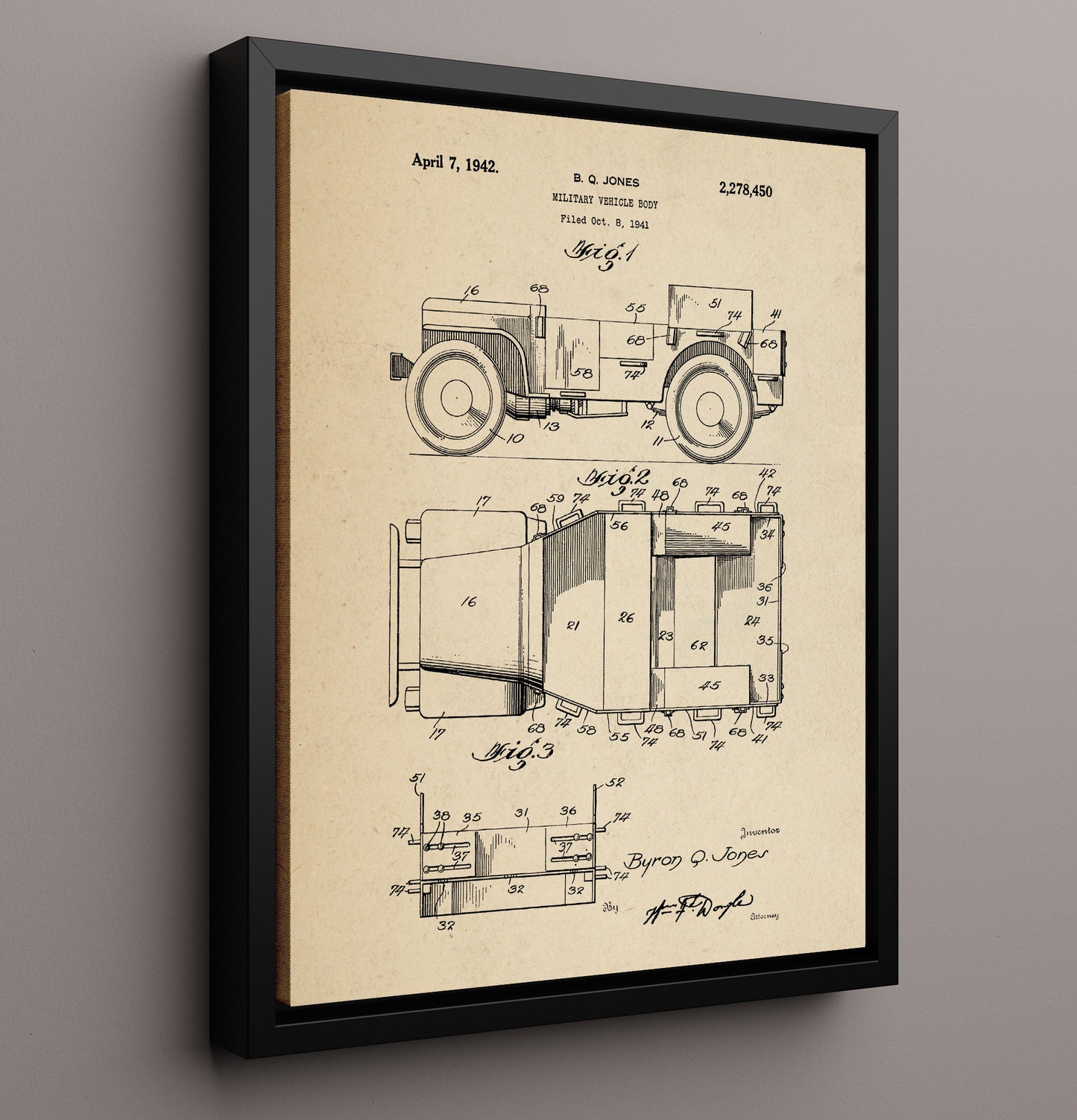 Patent Print - Military Vehicle Body - Byron Q Jones - 1942 - Patent 2278450 Patent Wall Art