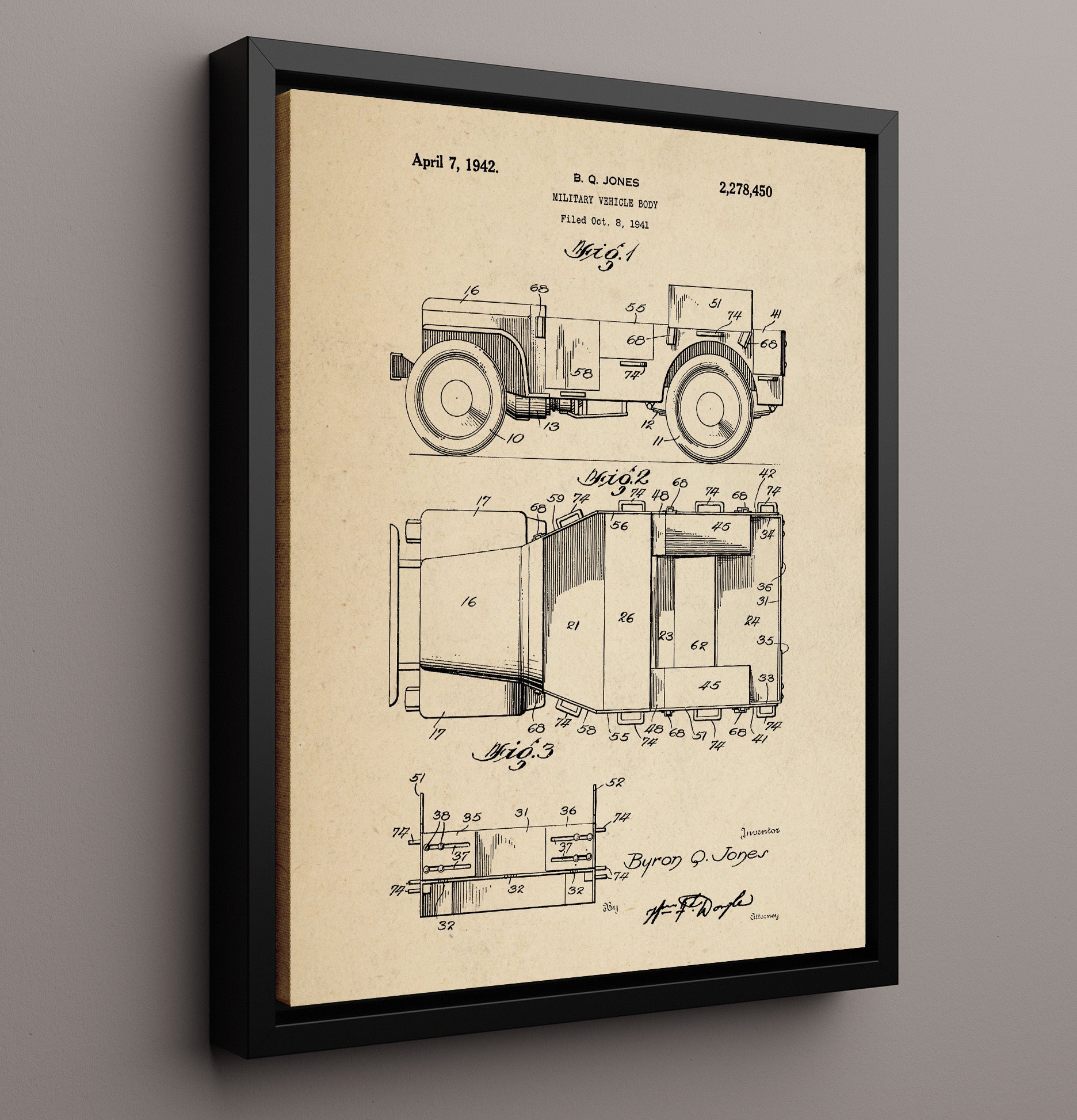 Patent Print - Military Vehicle Body - Byron Q Jones - 1942 - Patent 2278450 Patent Wall Art