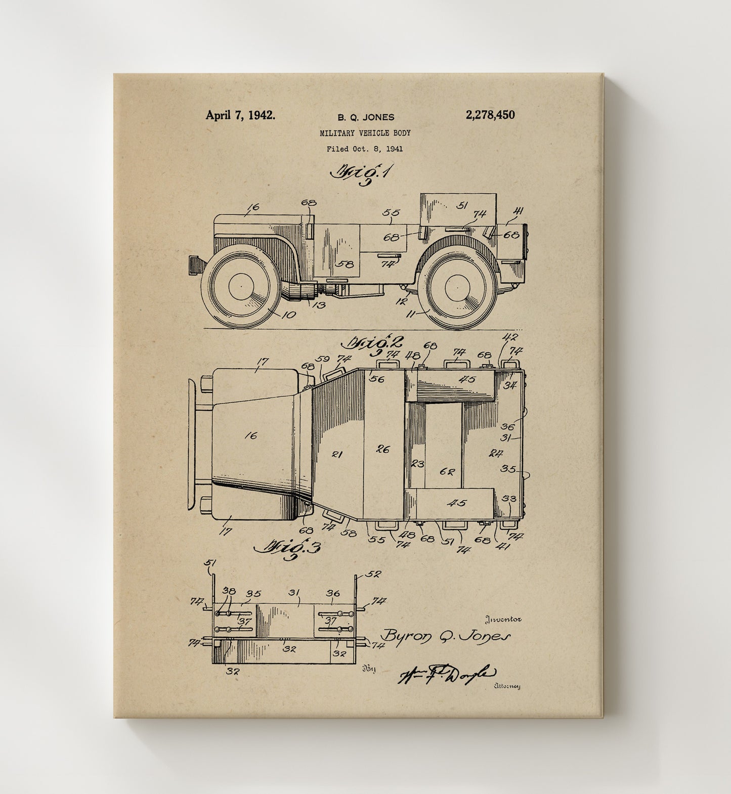 Patent Print - Military Vehicle Body - Byron Q Jones - 1942 - Patent 2278450 Patent Wall Art
