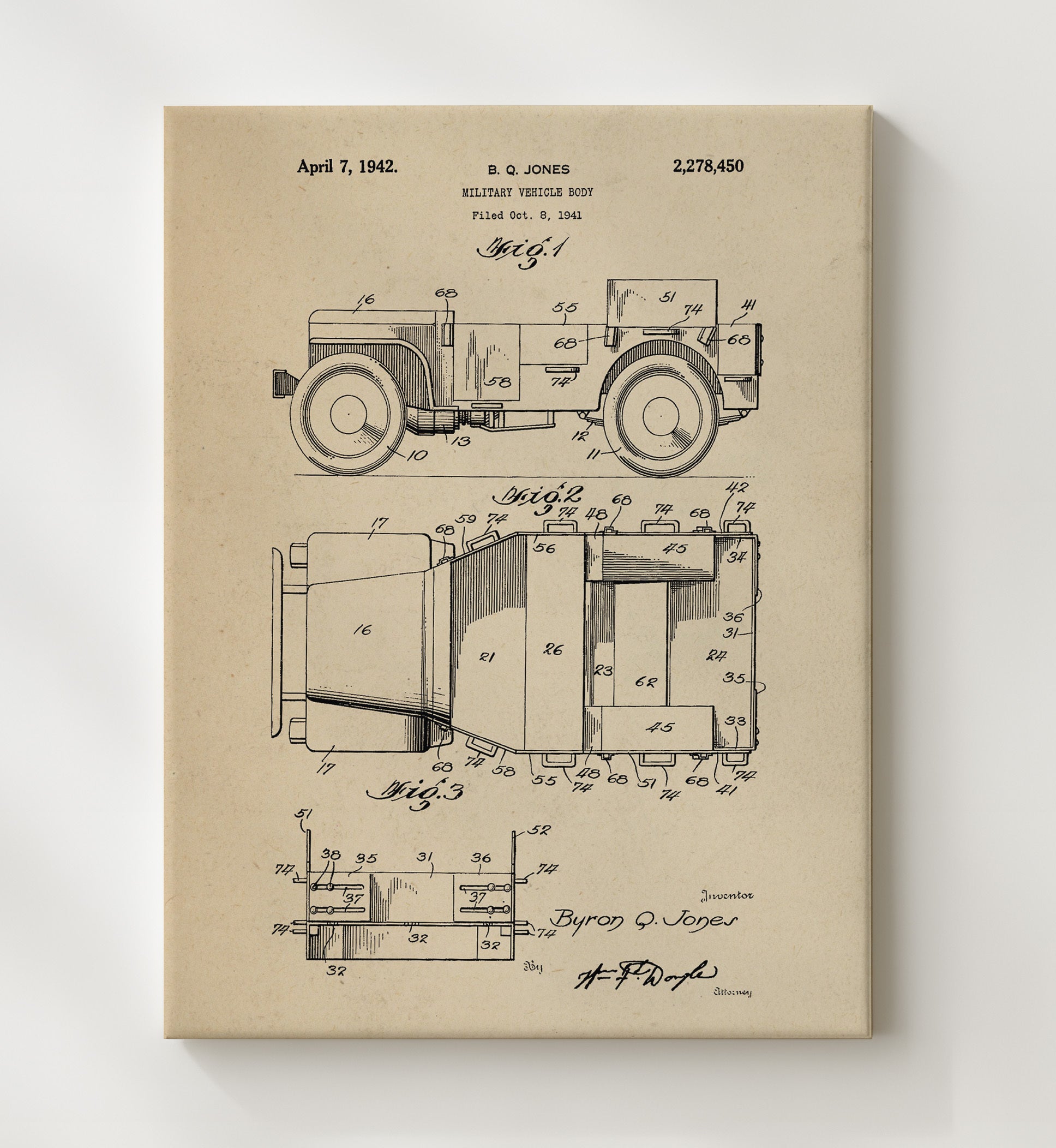 Patent Print - Military Vehicle Body - Byron Q Jones - 1942 - Patent 2278450 Patent Wall Art
