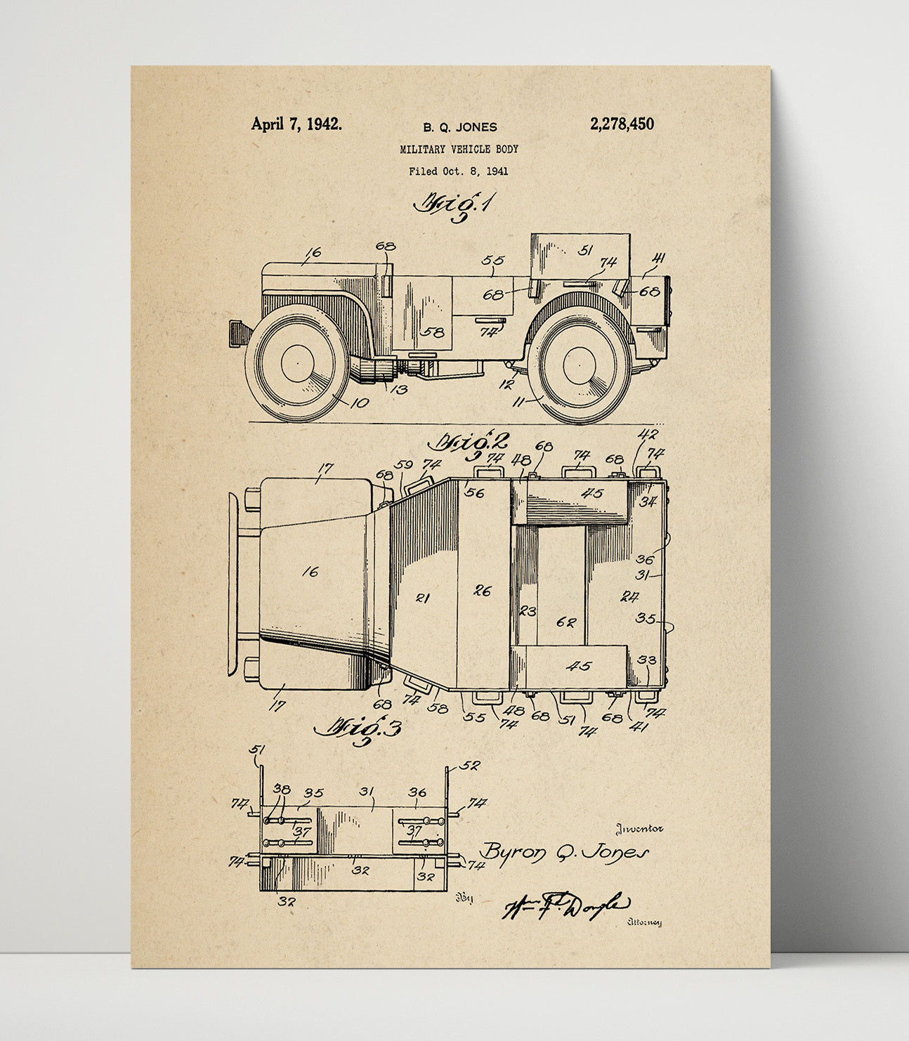 Patent Print - Military Vehicle Body - Byron Q Jones - 1942 - Patent 2278450 Patent Wall Art