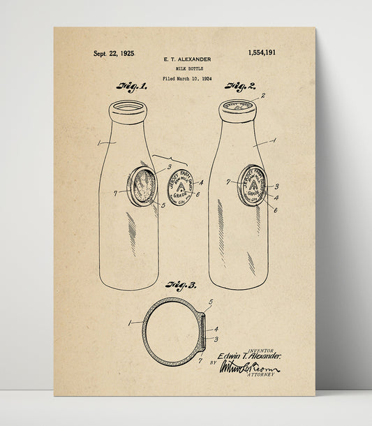 Milk Bottle - 1925 Patent - 16x20 Unframed Print