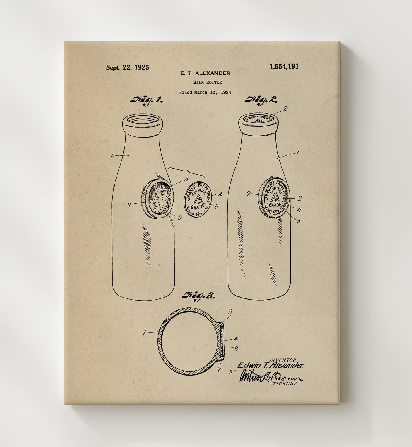 Patent Print - Milk Bottle - E.T. Alexander - 1925 - Patent 1554191 Patent Wall Art