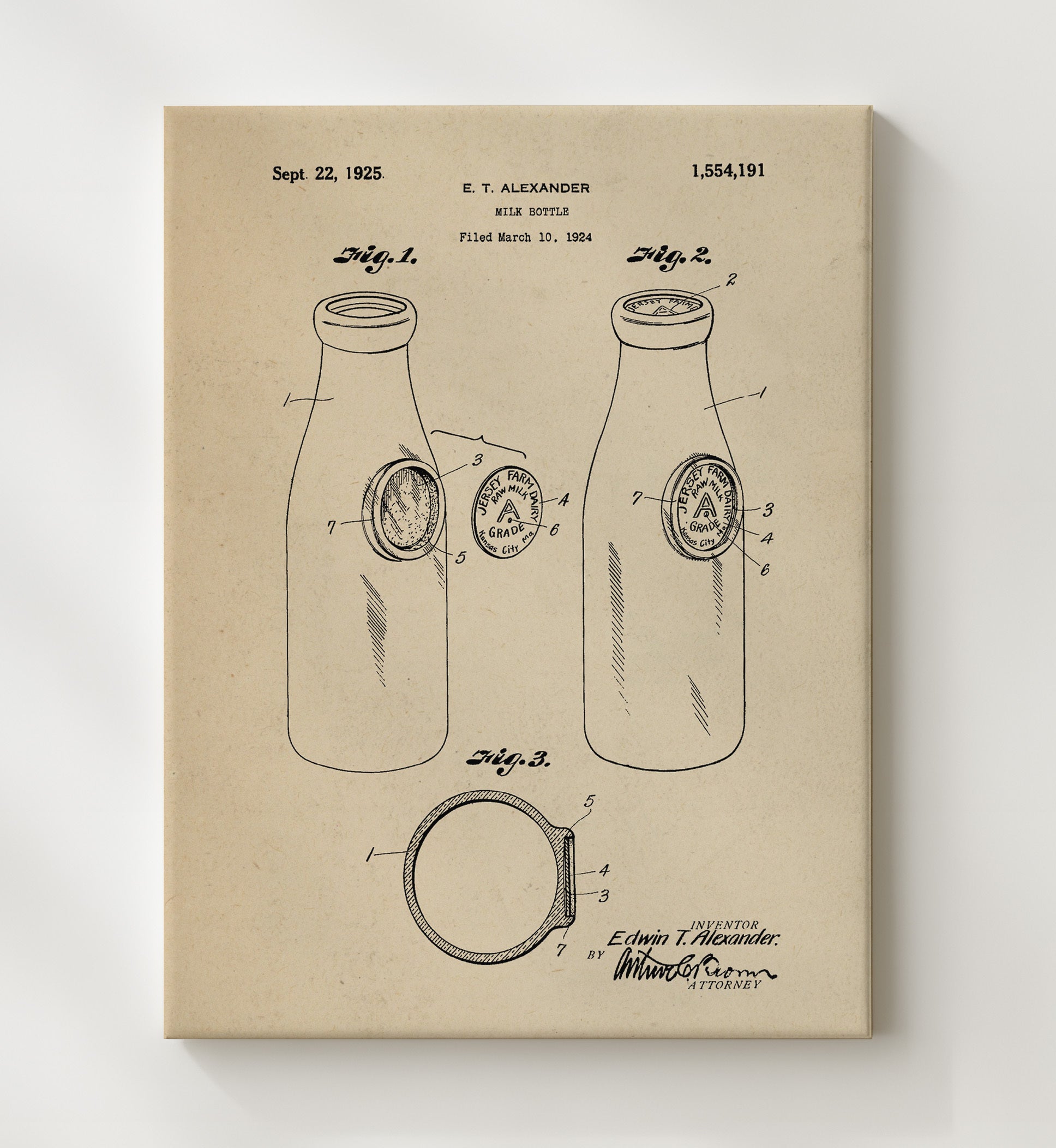 Patent Print - Milk Bottle - E.T. Alexander - 1925 - Patent 1554191 Patent Wall Art