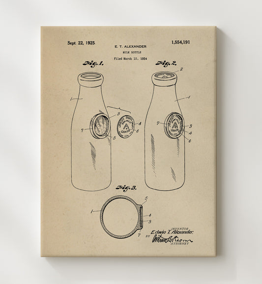 Milk Bottle 1925 patent print wall art 8x10 Canvas