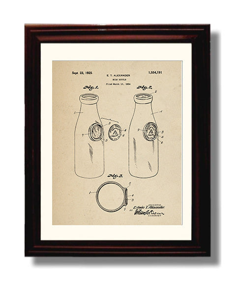 Patent Print - Milk Bottle - E.T. Alexander - 1925 - Patent 1554191 Patent Wall Art