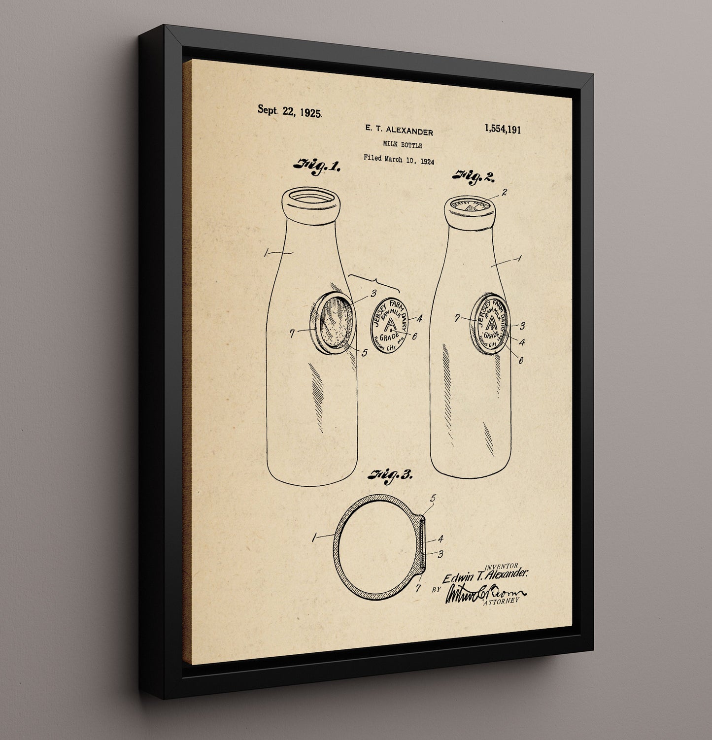 Patent Print - Milk Bottle - E.T. Alexander - 1925 - Patent 1554191 Patent Wall Art