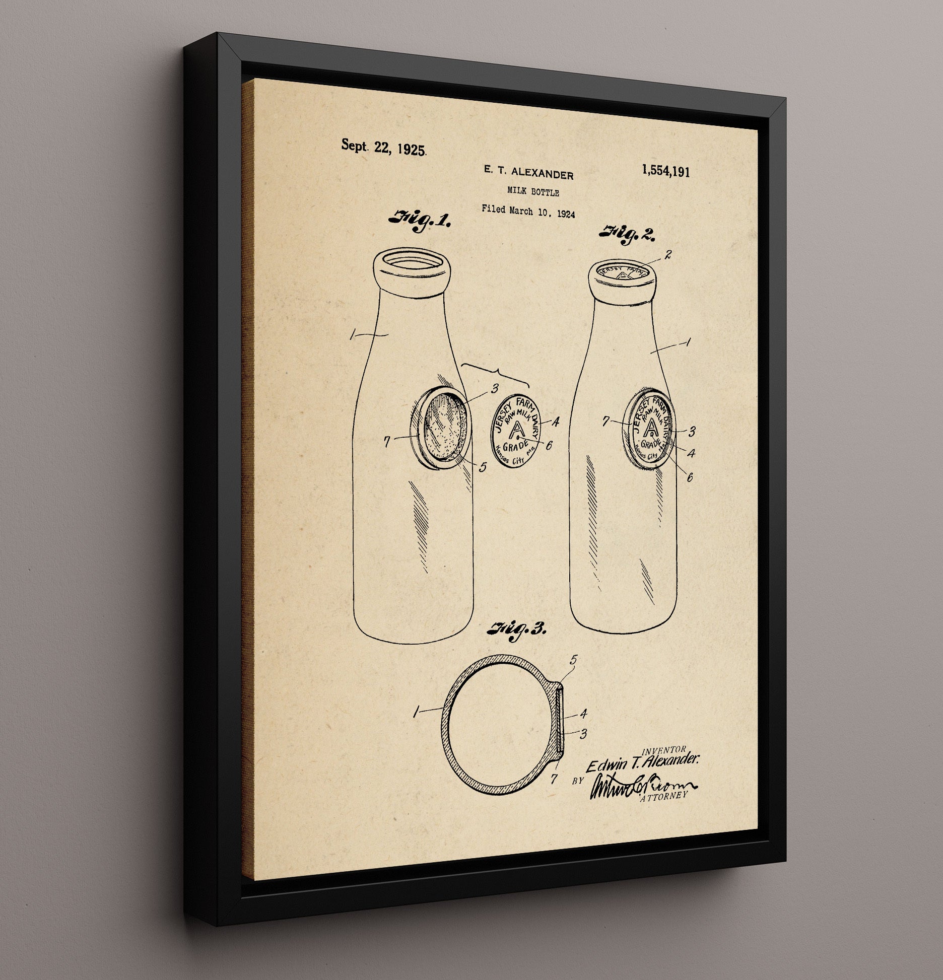 Patent Print - Milk Bottle - E.T. Alexander - 1925 - Patent 1554191 Patent Wall Art