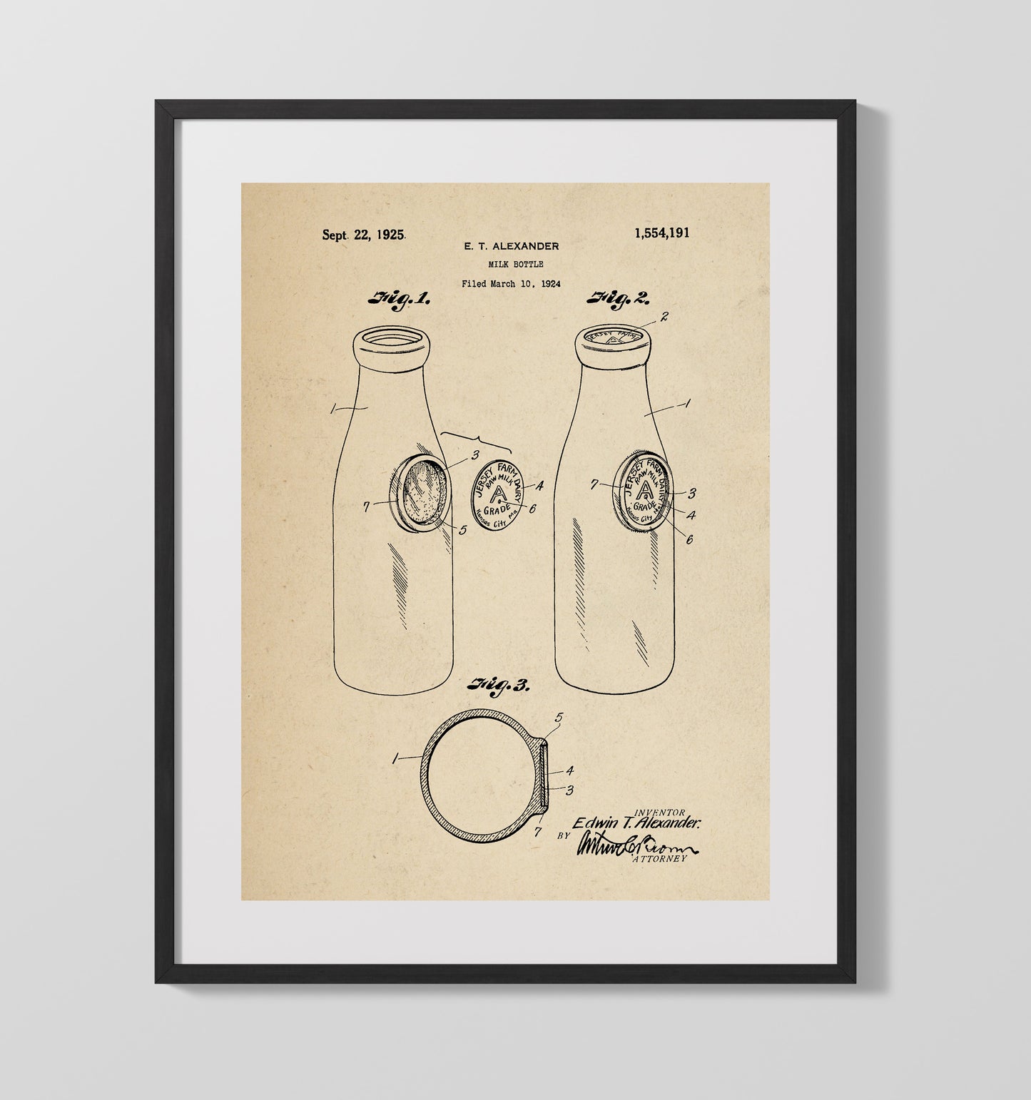 Patent Print - Milk Bottle - E.T. Alexander - 1925 - Patent 1554191 Patent Wall Art