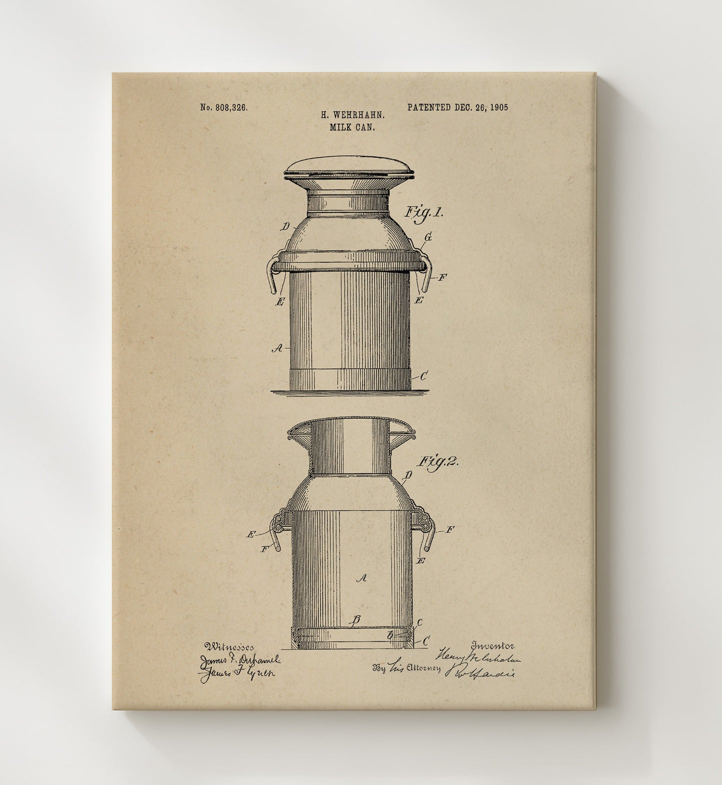 Patent Print - Milk Can - H. Wehrhahn - 1905 - Patent 808326 Patent Wall Art