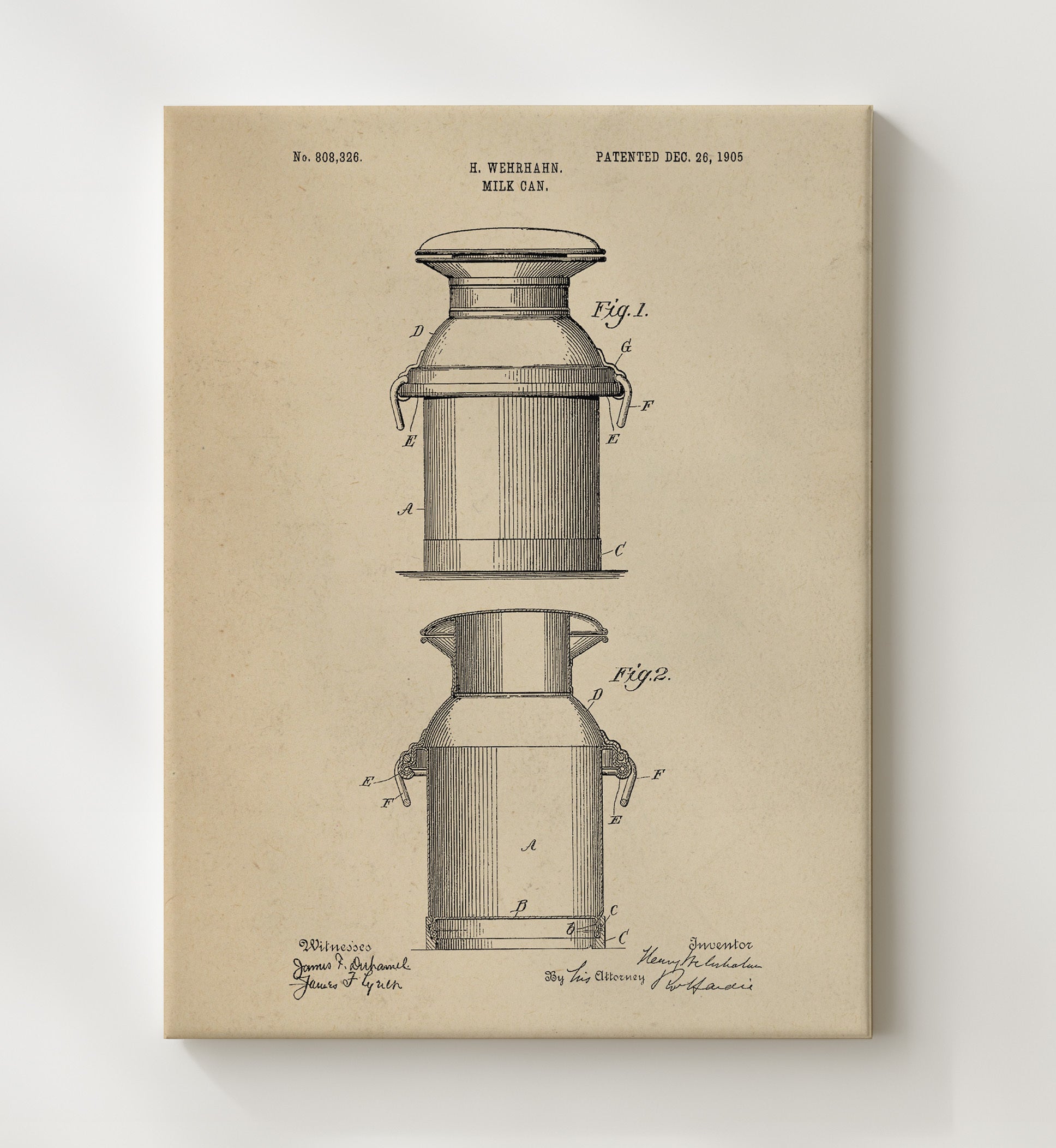 Patent Print - Milk Can - H. Wehrhahn - 1905 - Patent 808326 Patent Wall Art