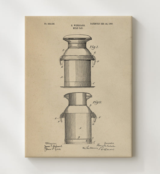 Milk Can 1905 patent print wall art 8x10 Canvas