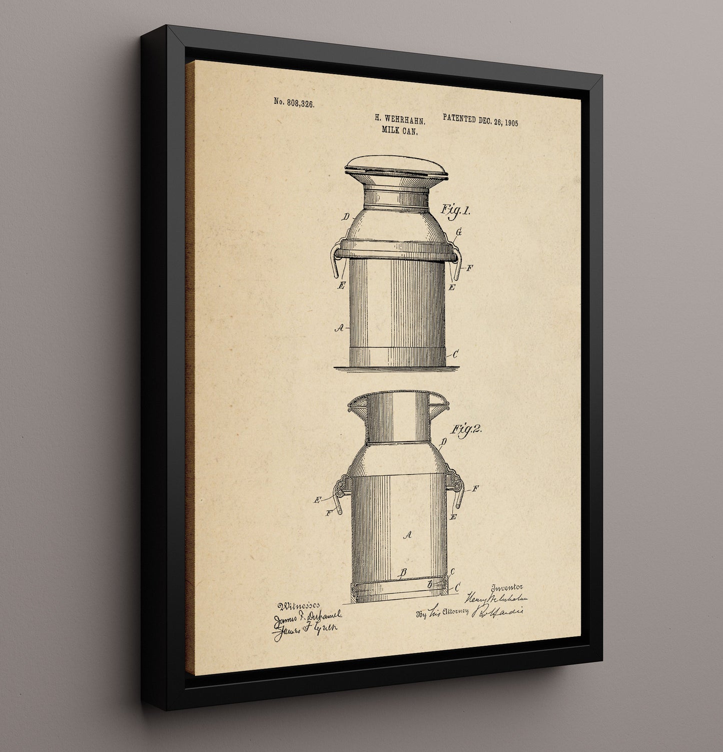 Patent Print - Milk Can - H. Wehrhahn - 1905 - Patent 808326 Patent Wall Art