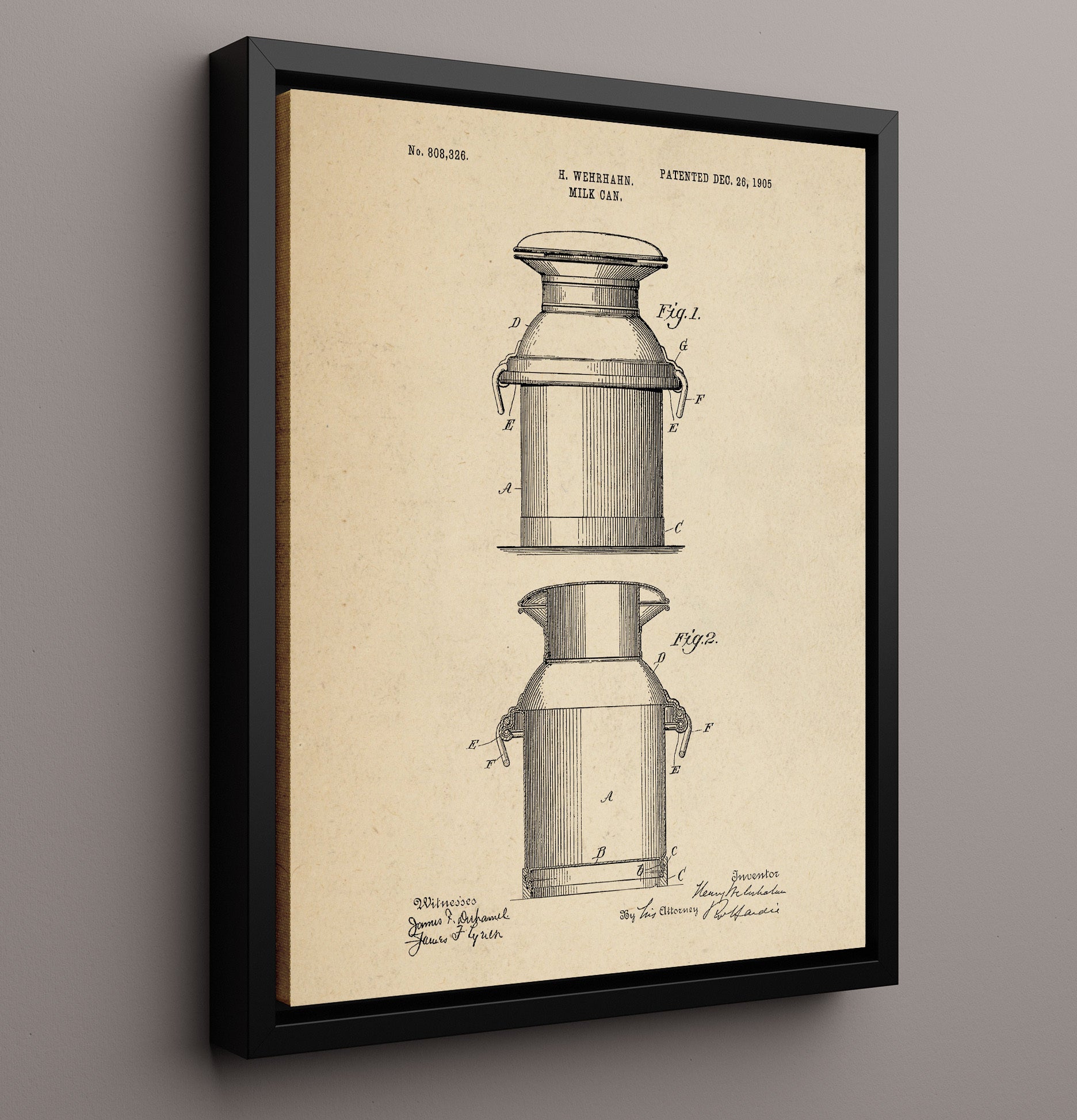 Patent Print - Milk Can - H. Wehrhahn - 1905 - Patent 808326 Patent Wall Art