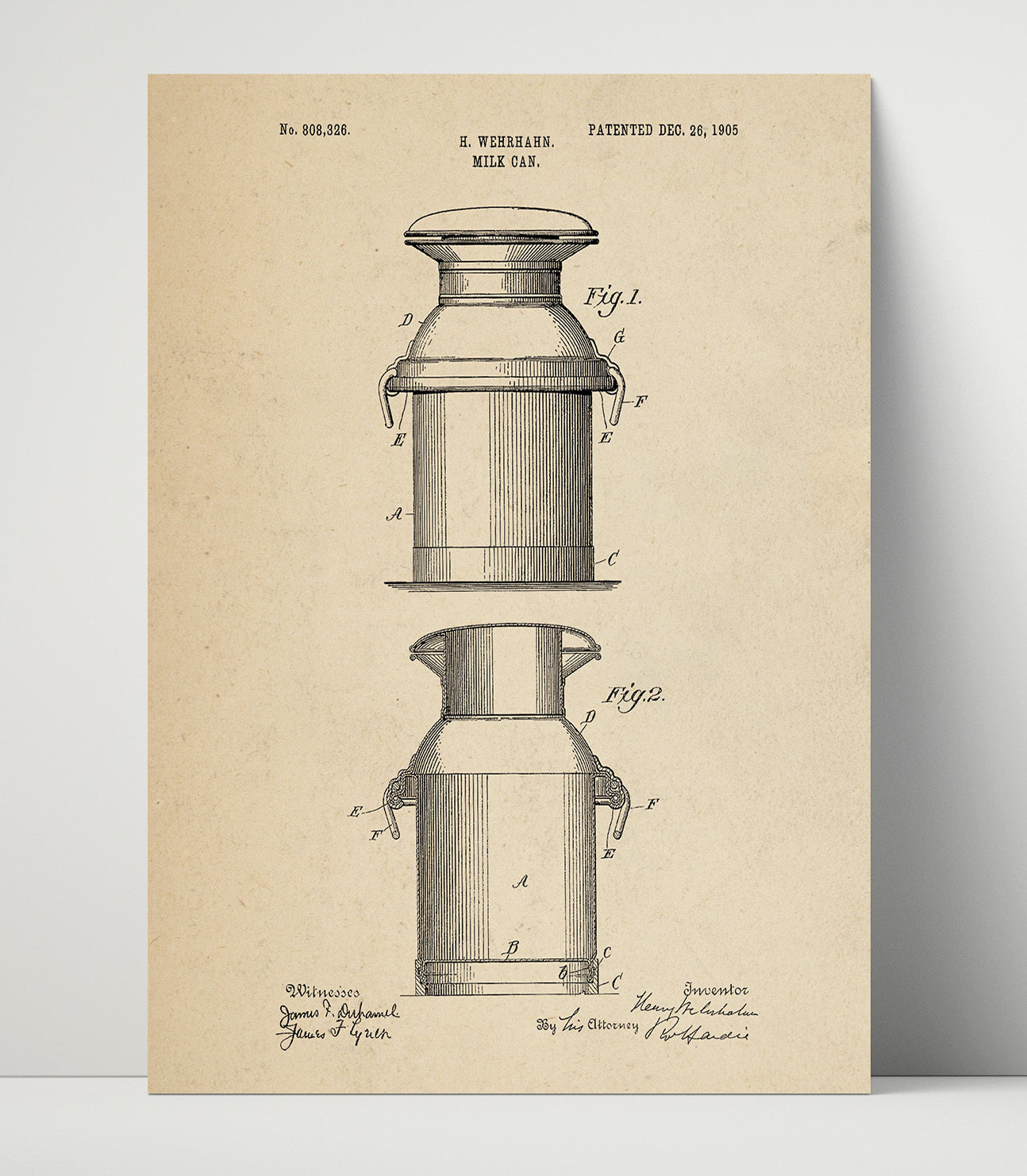 Patent Print - Milk Can - H. Wehrhahn - 1905 - Patent 808326 Patent Wall Art